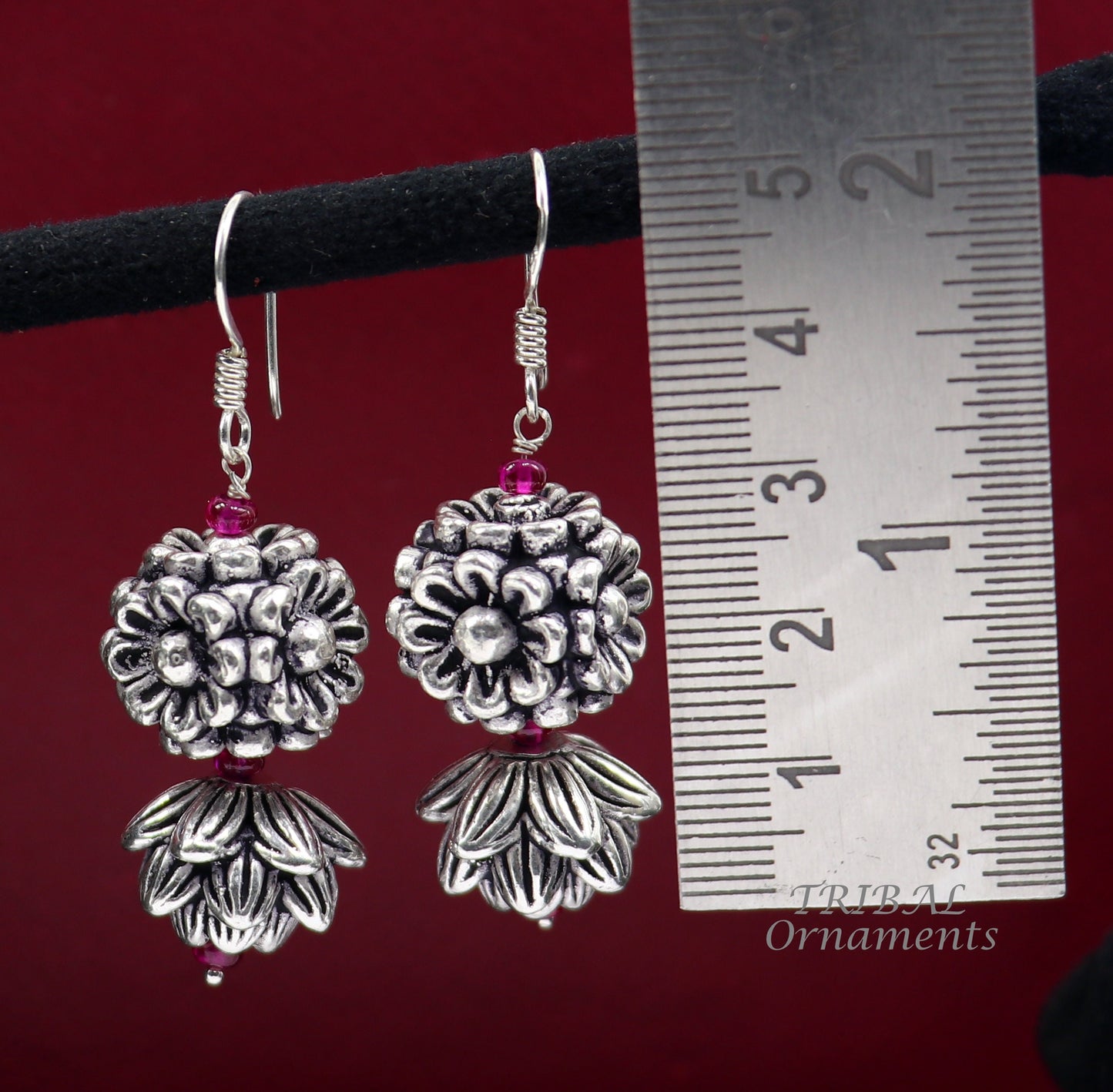 925 sterling silver hamdmade hook earrings, fabulous hanging pretty bells drop dangle earrings tribal ethnic jewelry from India s1085 - TRIBAL ORNAMENTS
