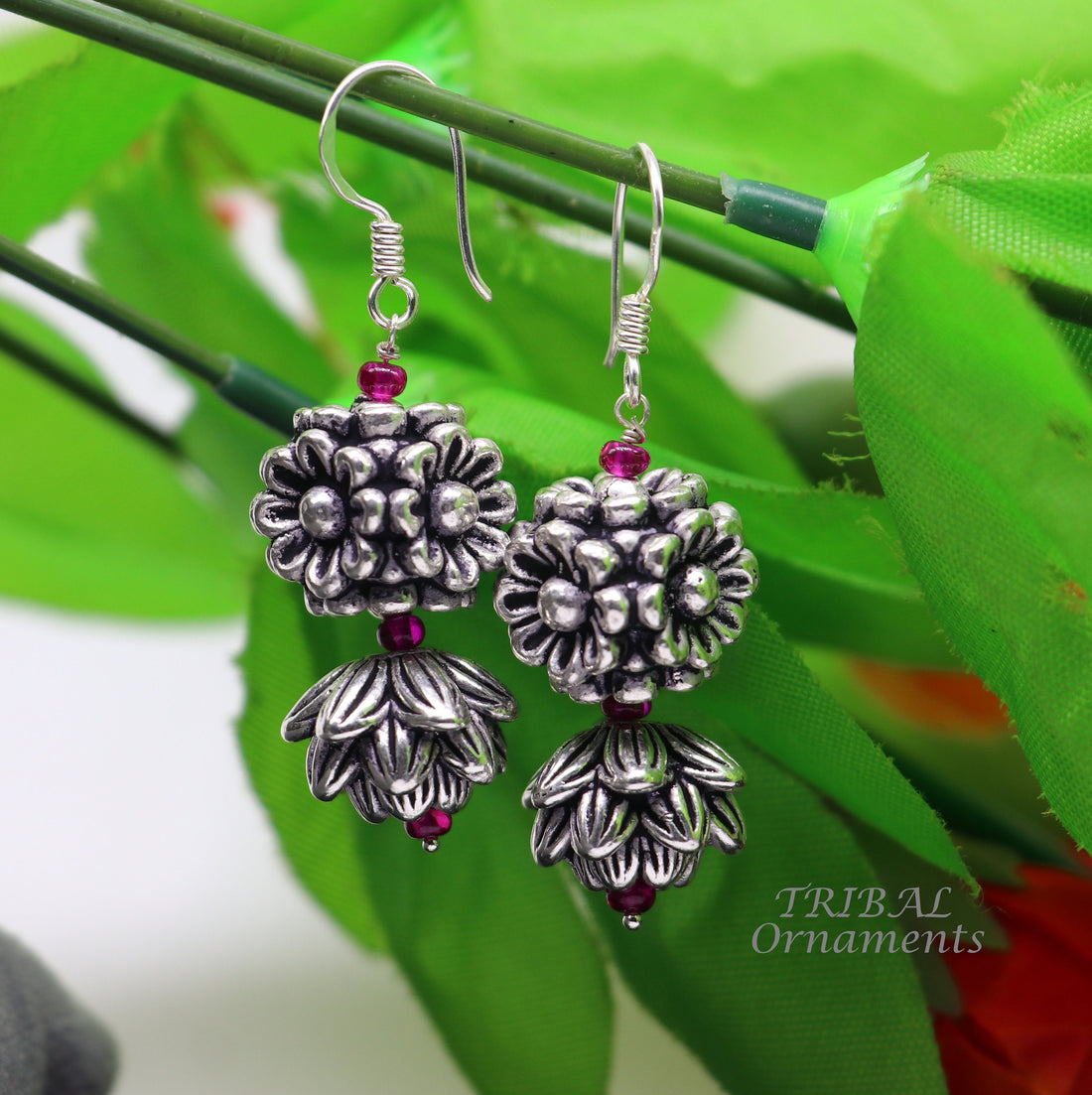 925 sterling silver hamdmade hook earrings, fabulous hanging pretty bells drop dangle earrings tribal ethnic jewelry from India s1085 - TRIBAL ORNAMENTS