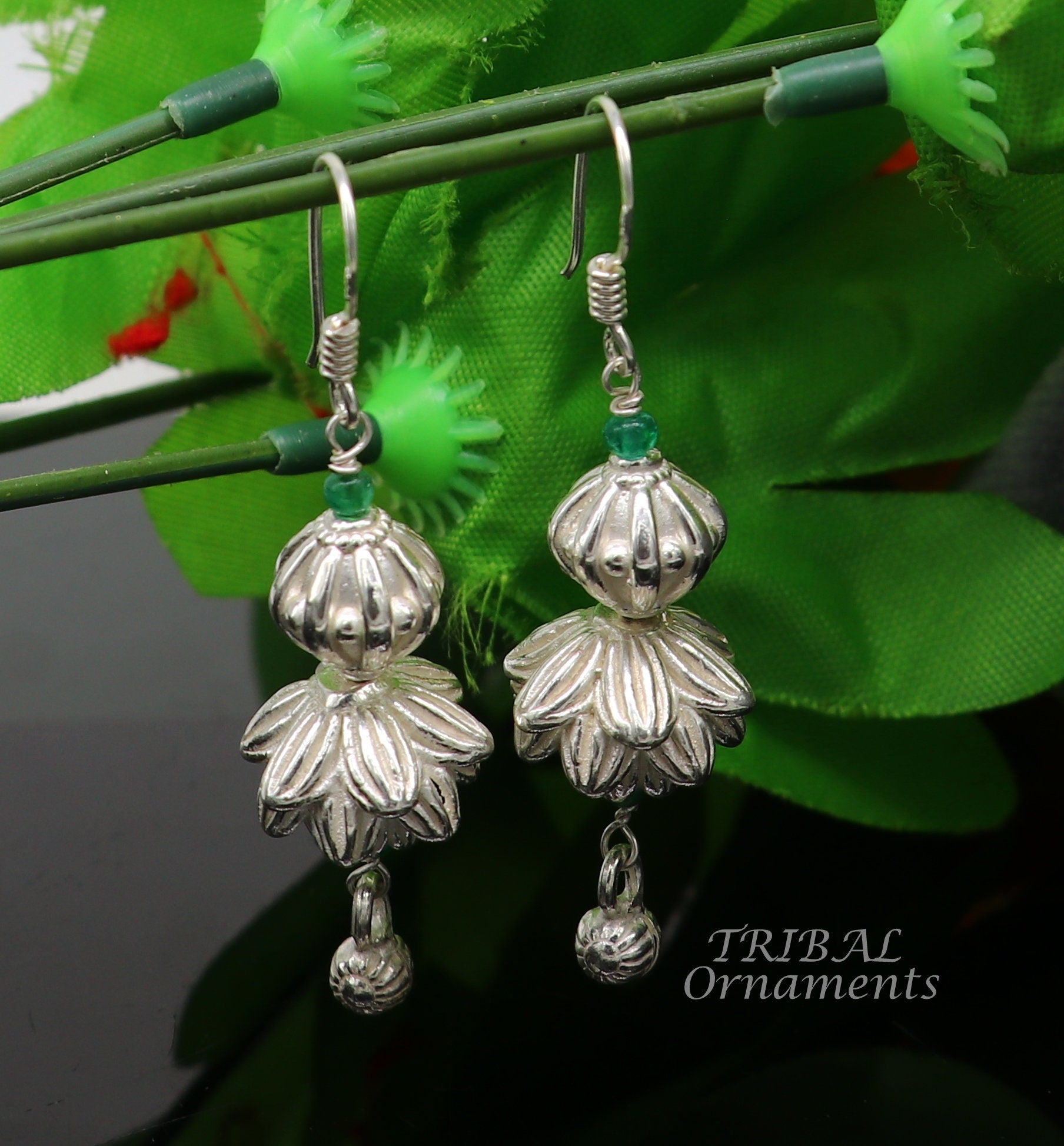 925 sterling silver handmade white finish hook earrings, fabulous hanging drop dangle earrings tribal ethnic jewelry from India s1087 - TRIBAL ORNAMENTS