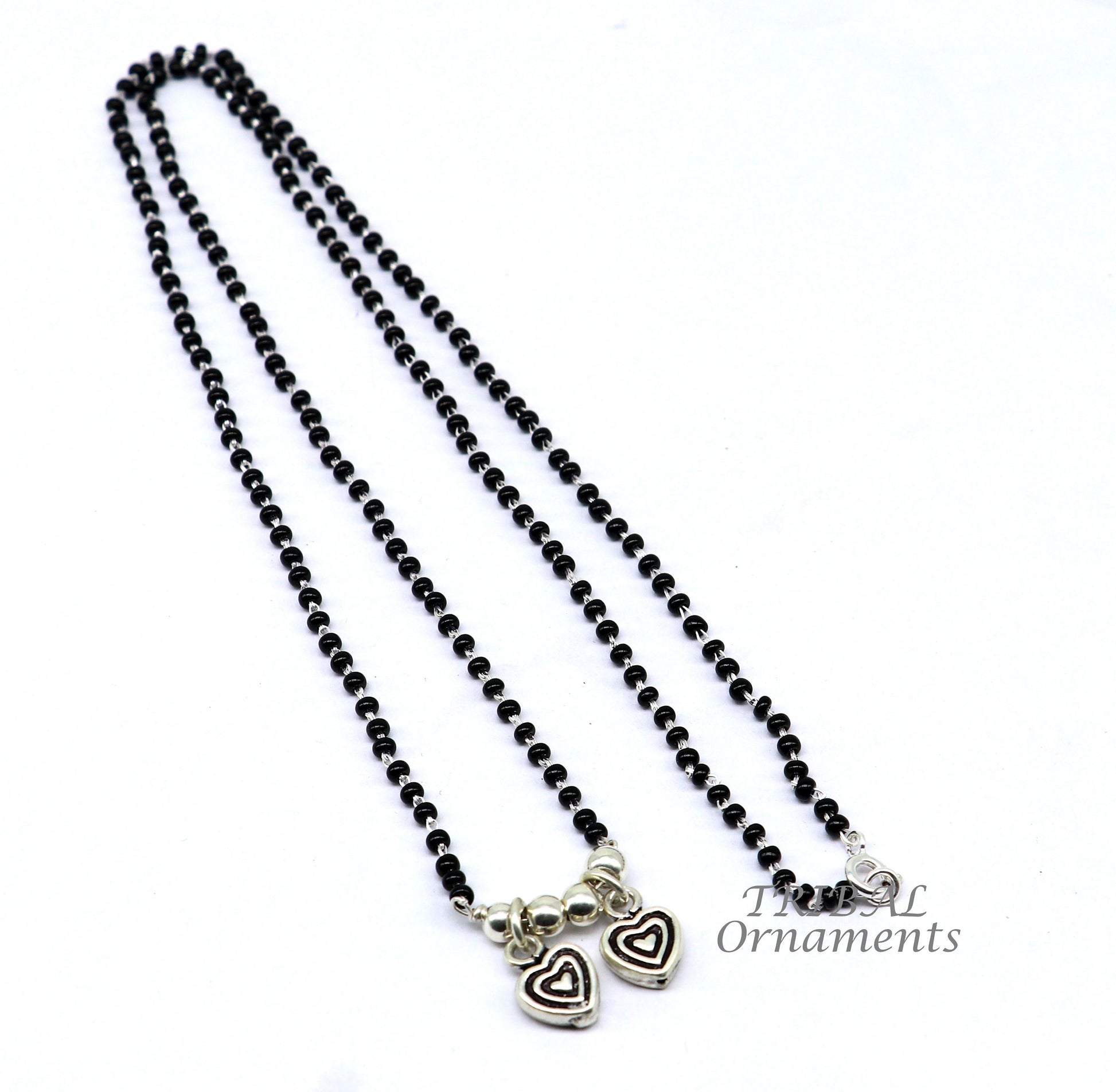 925 sterling silver black beads chain necklace, vintage south indian Style pendant, traditional style brides Mangalsutra necklace set505 - TRIBAL ORNAMENTS