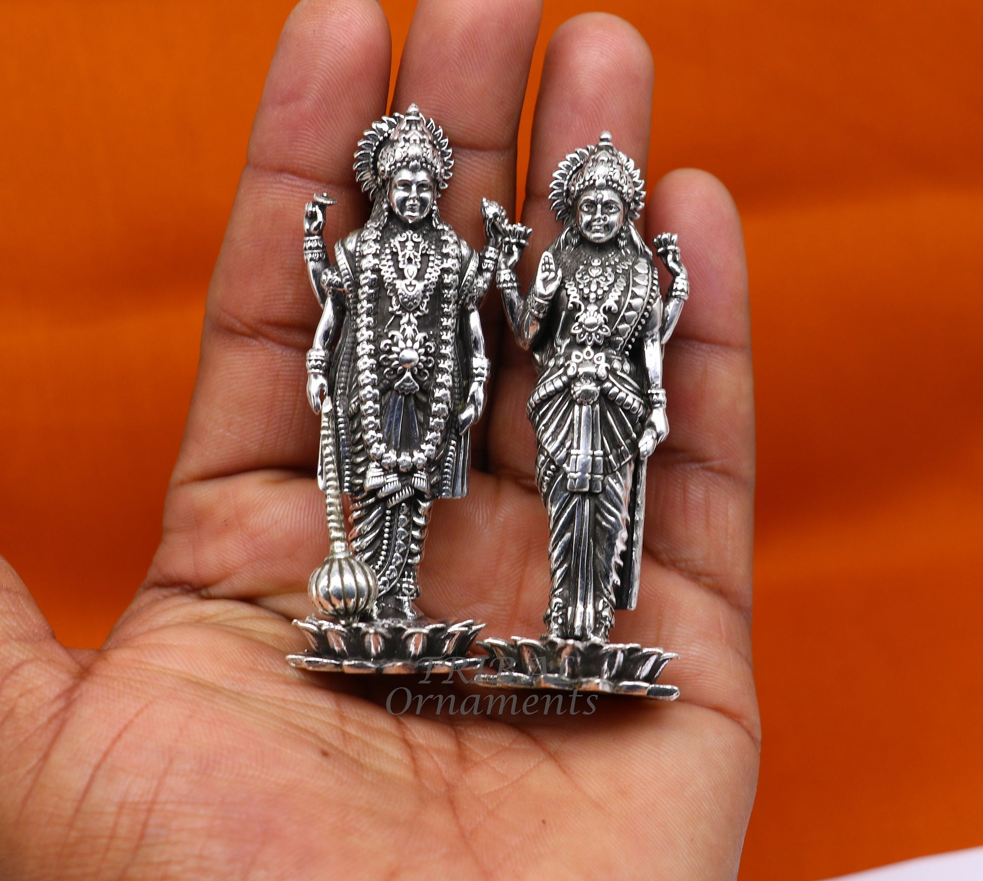 925 Sterling silver handmade lord Laxmi Narayanan, Goddess Laxmi and Vishnu standing Statue figurine, puja articles art574 - TRIBAL ORNAMENTS