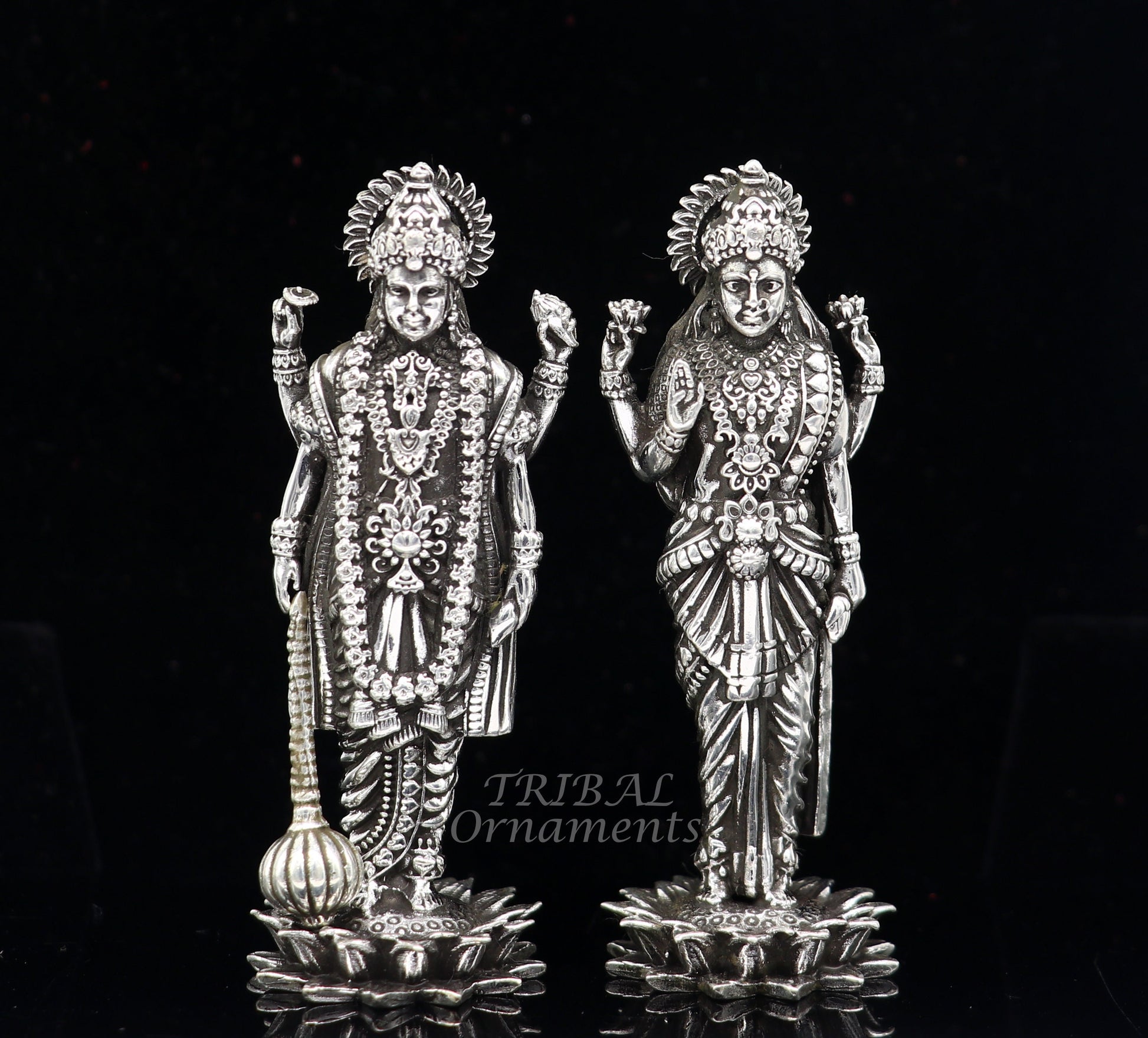925 Sterling silver handmade lord Laxmi Narayanan, Goddess Laxmi and Vishnu standing Statue figurine, puja articles art574 - TRIBAL ORNAMENTS