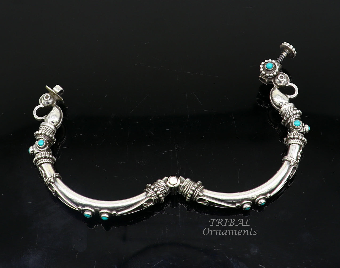 925 Sterling silver handmade vintage peacock design turquoise stone studded tribal ethnic belly dance bangle bracelet gifting kada nsk591 - TRIBAL ORNAMENTS