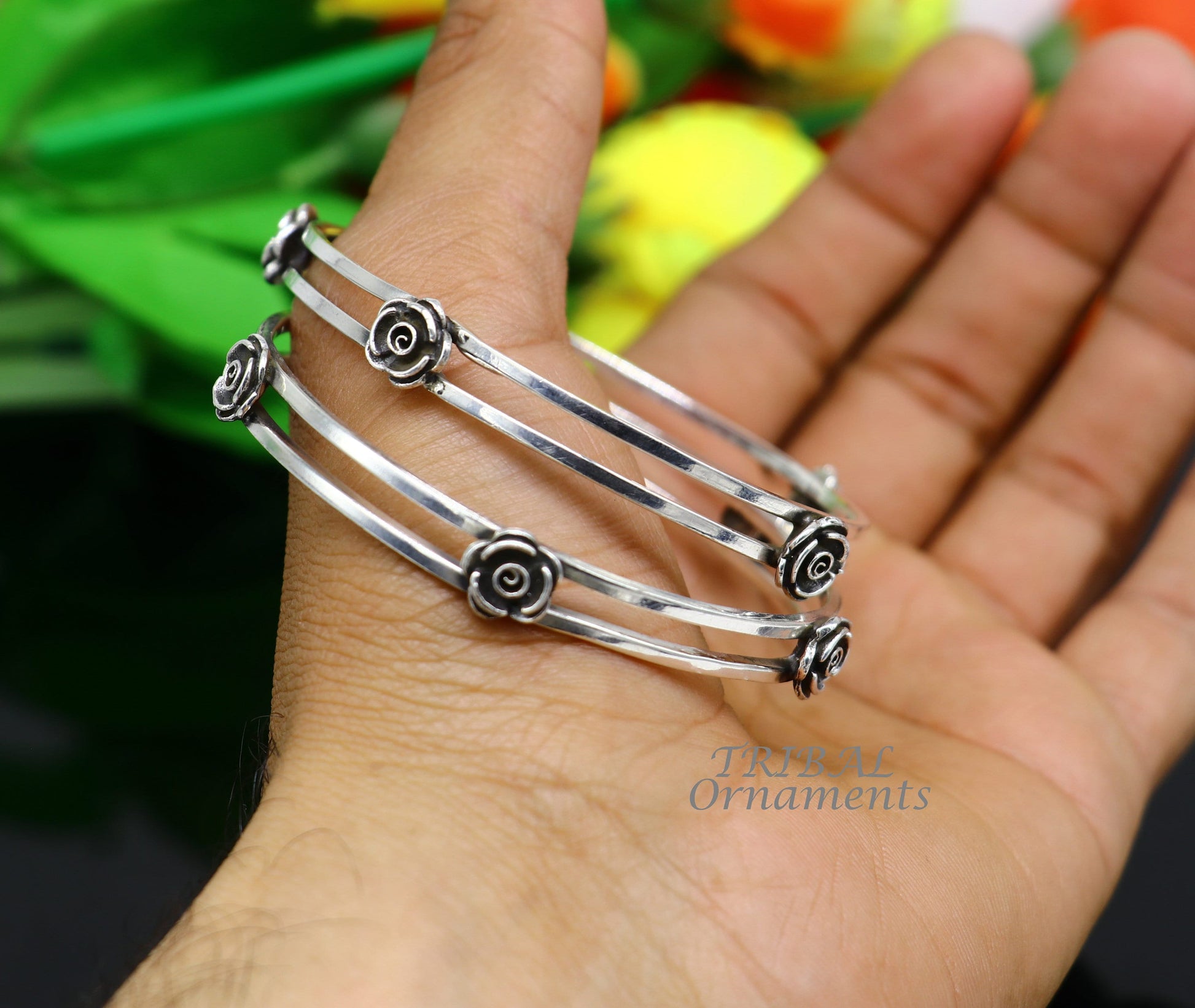 925 sterling silver flower design unique flower style handmade bangle bracelet, best brides collection wedding jewelry from india nba344 - TRIBAL ORNAMENTS