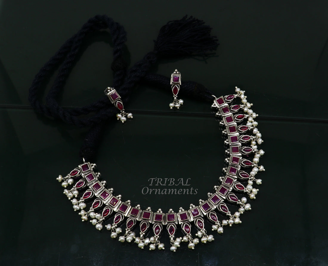Amazing stylish red stone with hanging pearls necklace 925 sterling silver customized guttapusalu necklace set ethnic tribal jewelry set510 - TRIBAL ORNAMENTS