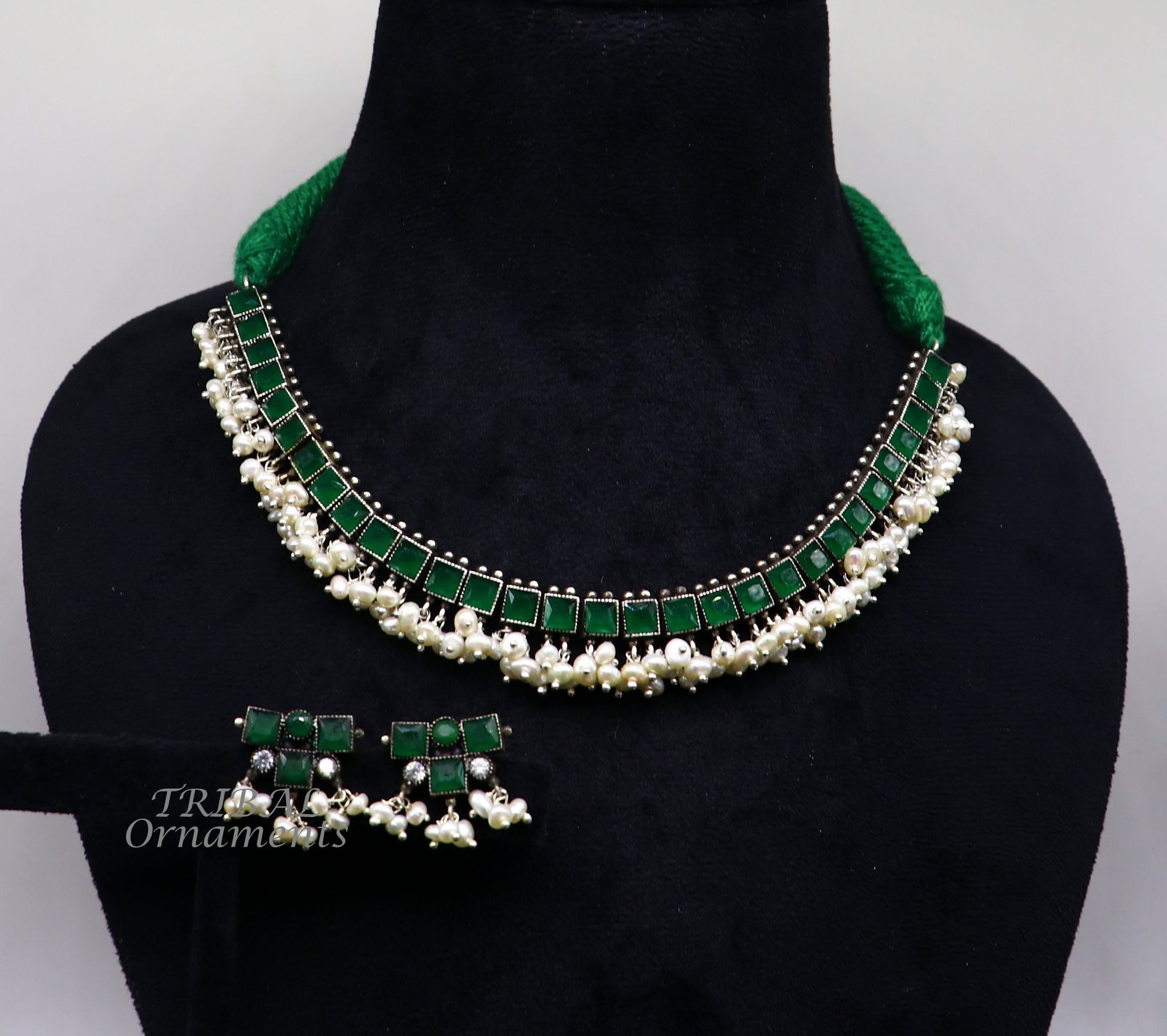 925 sterling silver customized guttapusalu necklace set amazing green stone and hanging pearl ethnic tribal brides jewelry set512 - TRIBAL ORNAMENTS