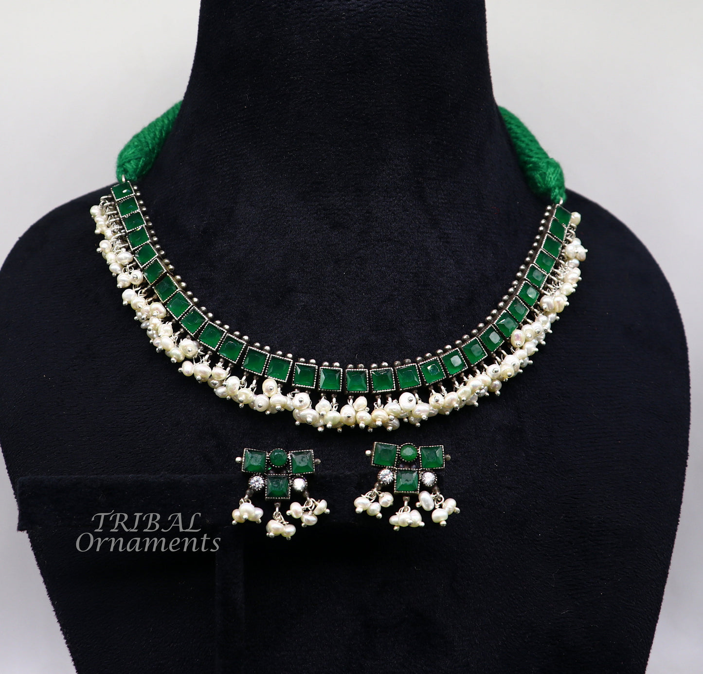 925 sterling silver customized guttapusalu necklace set amazing green stone and hanging pearl ethnic tribal brides jewelry set512 - TRIBAL ORNAMENTS