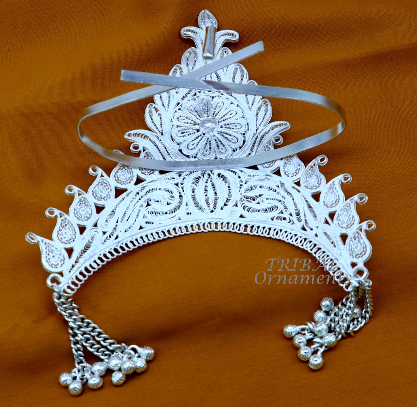 925 sterling silver vintage design handmade mukut (crown), amazing stylish work design silver god crown home temple god article art su973 - TRIBAL ORNAMENTS