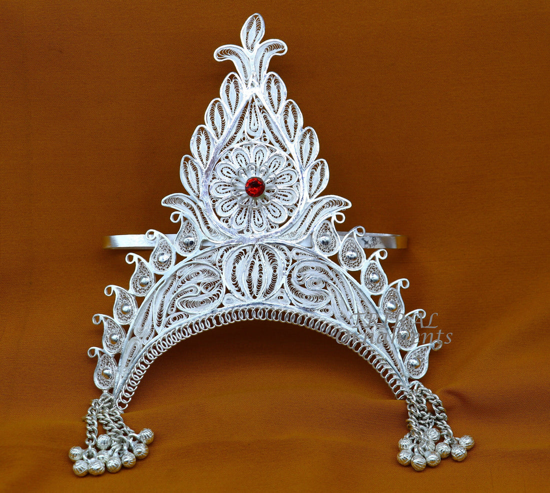 925 sterling silver vintage design handmade mukut (crown), amazing stylish work design silver god crown home temple god article art su973 - TRIBAL ORNAMENTS