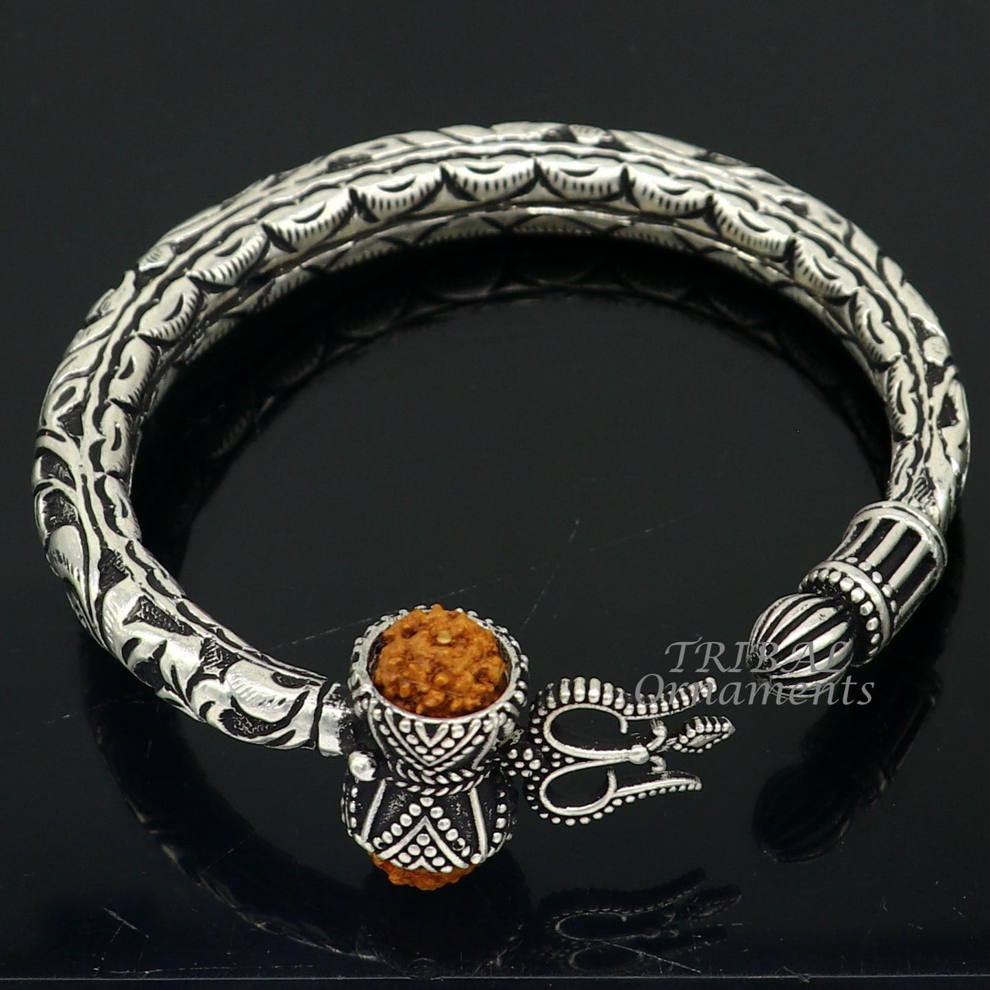 925 Sterling silver handmade chitai work Lord Shiva trident trishul kada bangle bracelet with natural Rudraksha customized kada nsk592 - TRIBAL ORNAMENTS