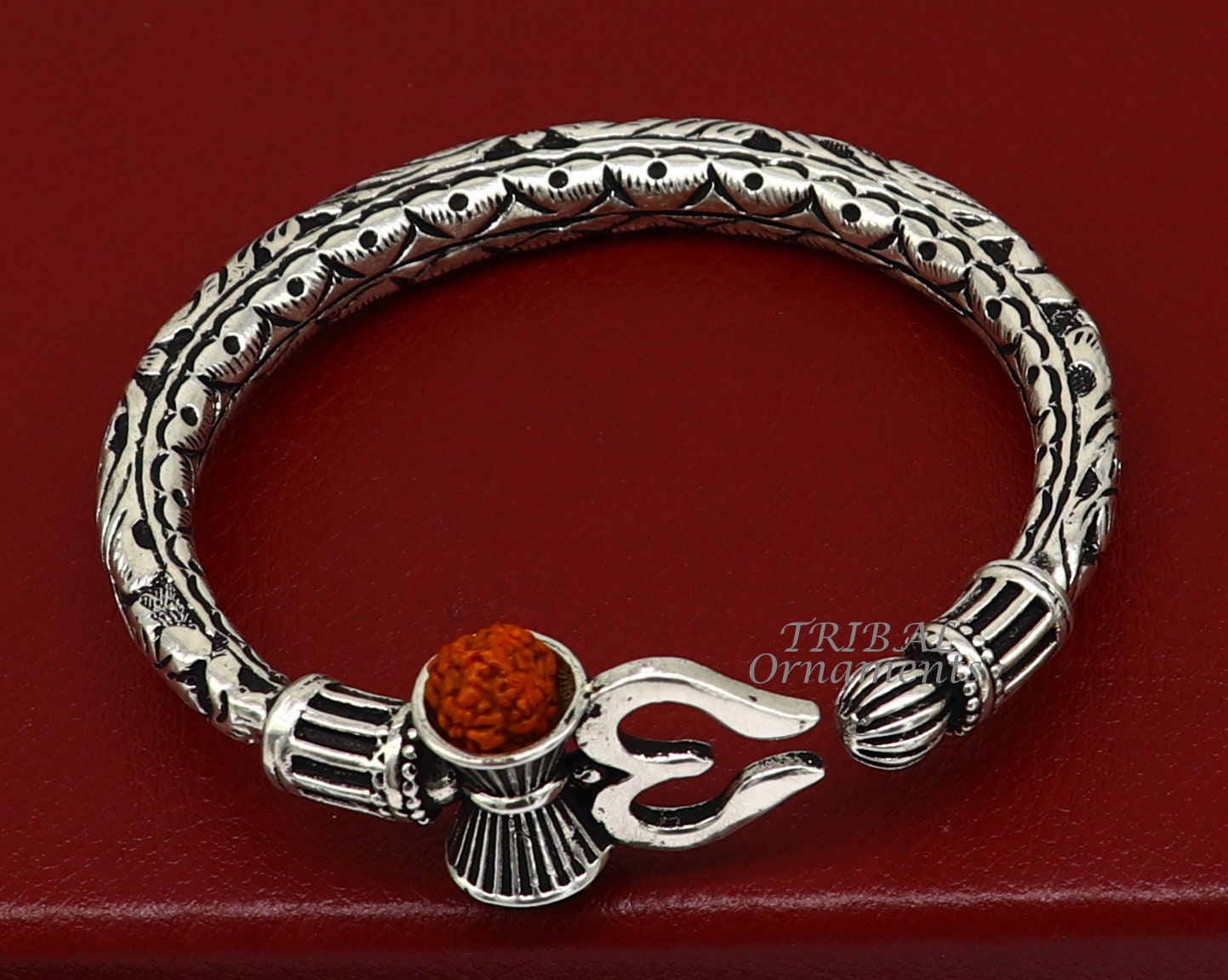 925 Sterling silver handmade chitai work Lord Shiva trident trishul kada bangle bracelet with natural Rudraksha customized kada nsk593 - TRIBAL ORNAMENTS