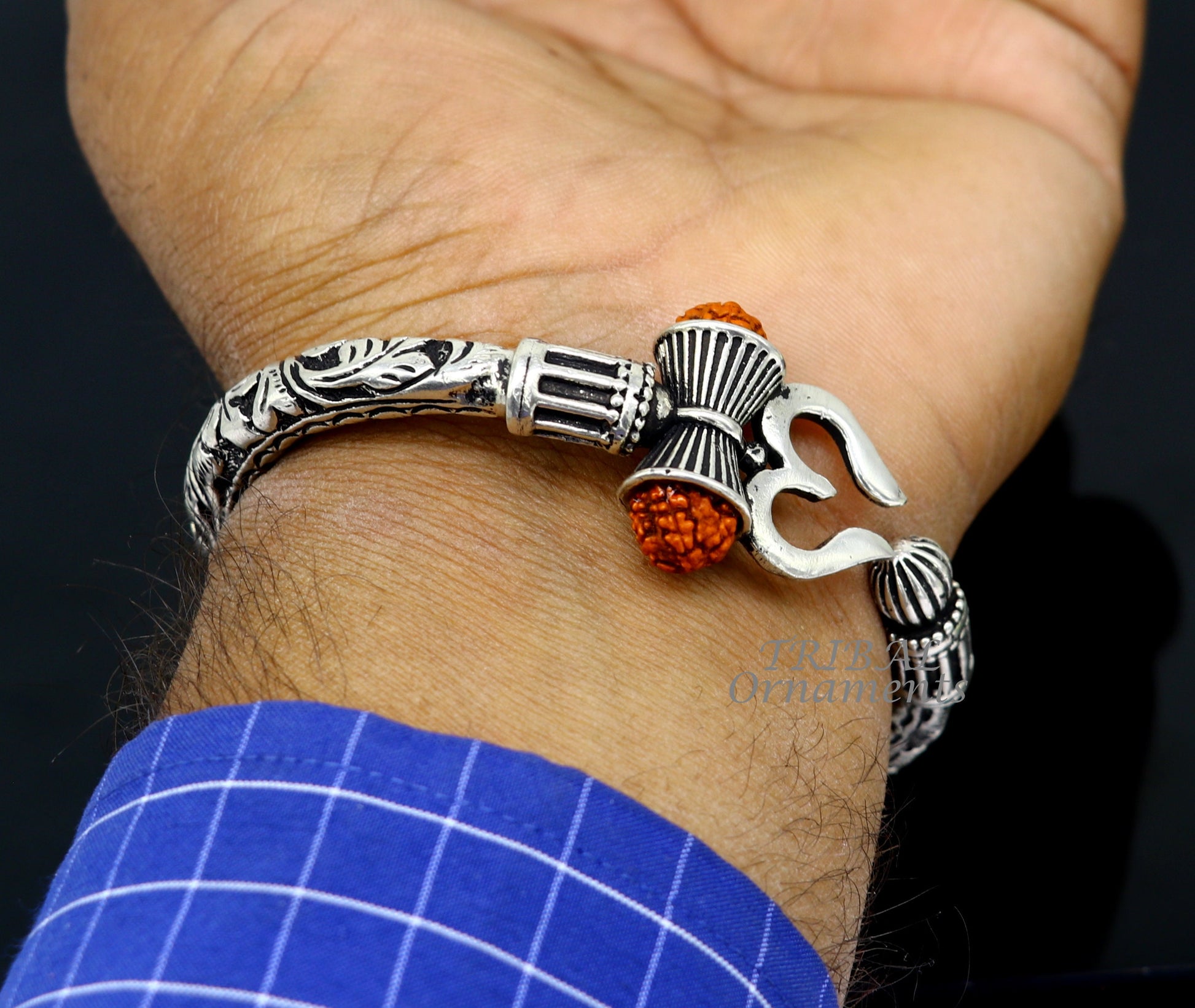 925 Sterling silver handmade chitai work Lord Shiva trident trishul kada bangle bracelet with natural Rudraksha customized kada nsk593 - TRIBAL ORNAMENTS