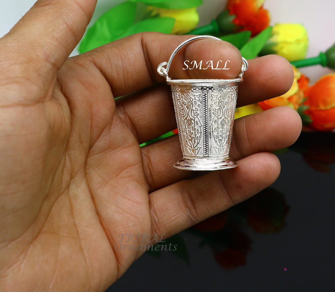 925 sterling silver handmade fabulous vintage style bucket toy for puja or worshipping, Diwali puja article utensils su976 - TRIBAL ORNAMENTS