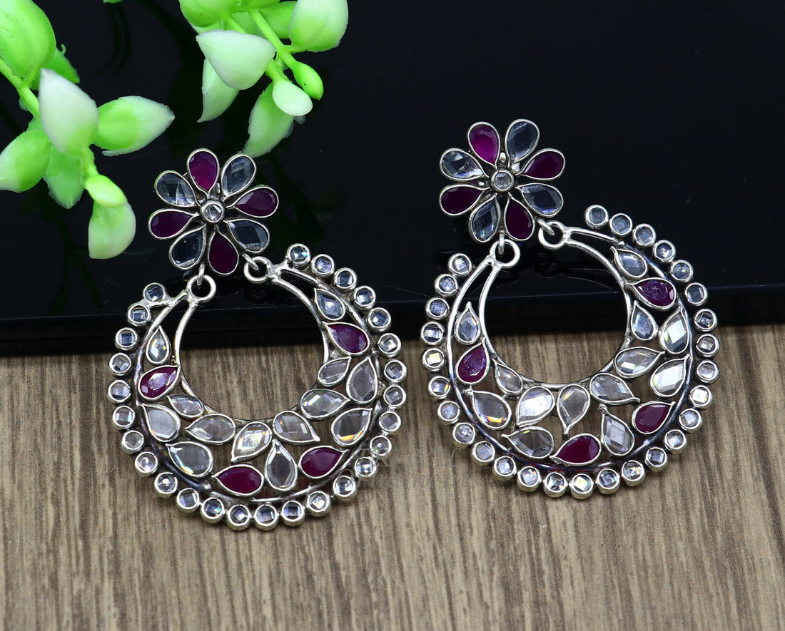 925 sterling silver handmade flower design stud earring amazing crystal polki cut stone ethnic tribal belly dance jewelry best gifts s1092 - TRIBAL ORNAMENTS