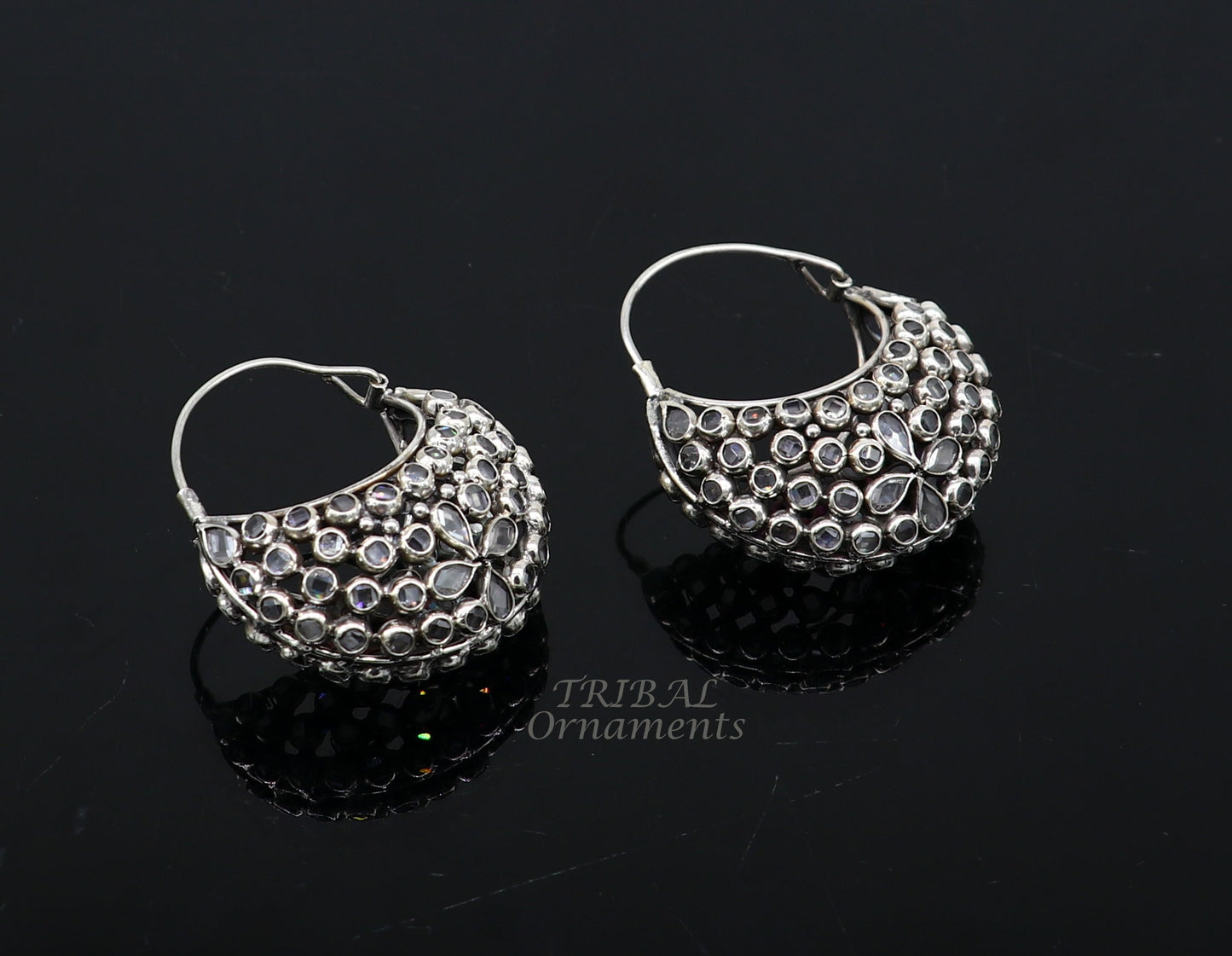 925 sterling silver amazing handmade vintage stylish crystal polki stone hoops earring, gorgeous brides belly dance jewelry s1096 - TRIBAL ORNAMENTS