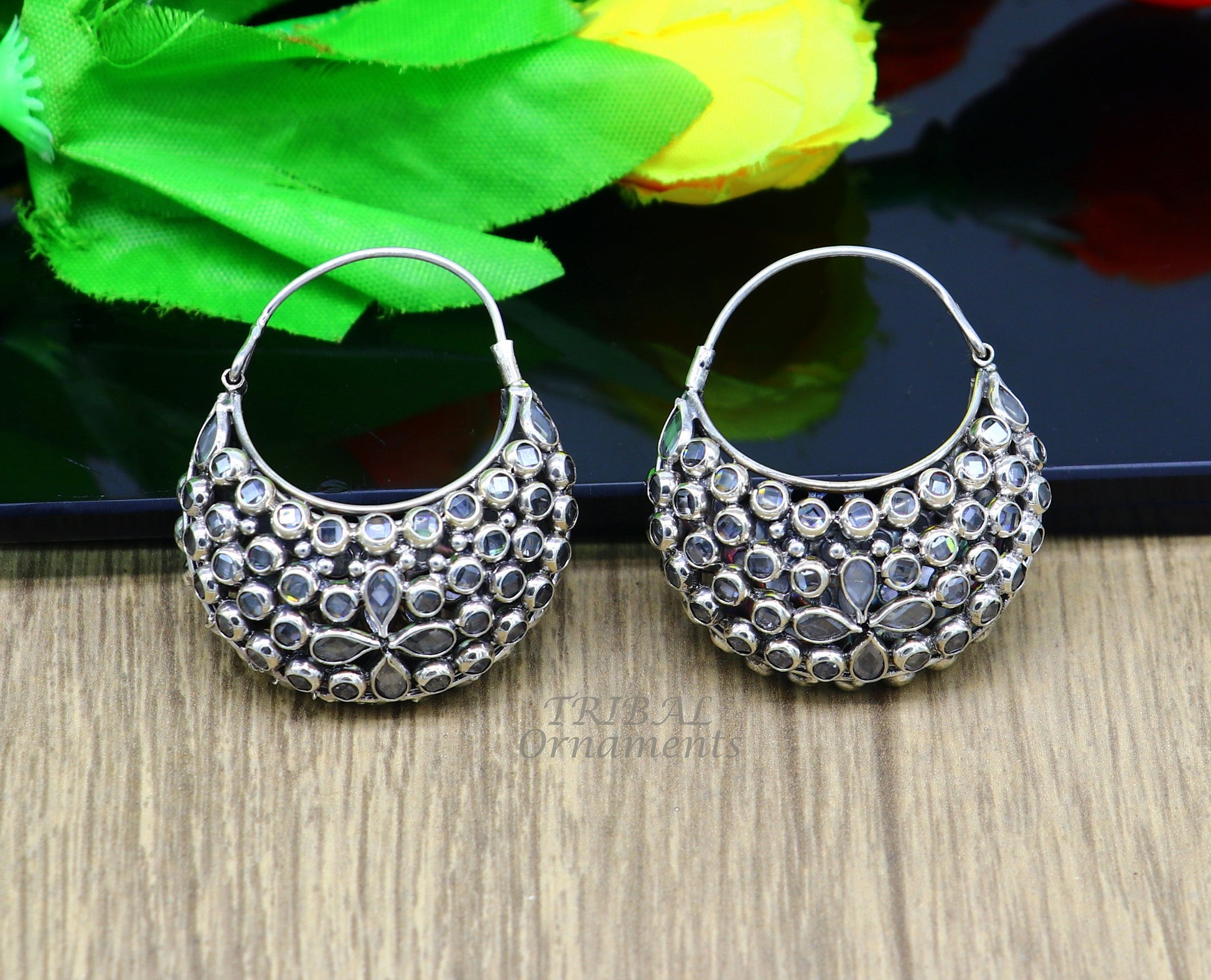 925 sterling silver amazing handmade vintage stylish crystal polki stone hoops earring, gorgeous brides belly dance jewelry s1096 - TRIBAL ORNAMENTS