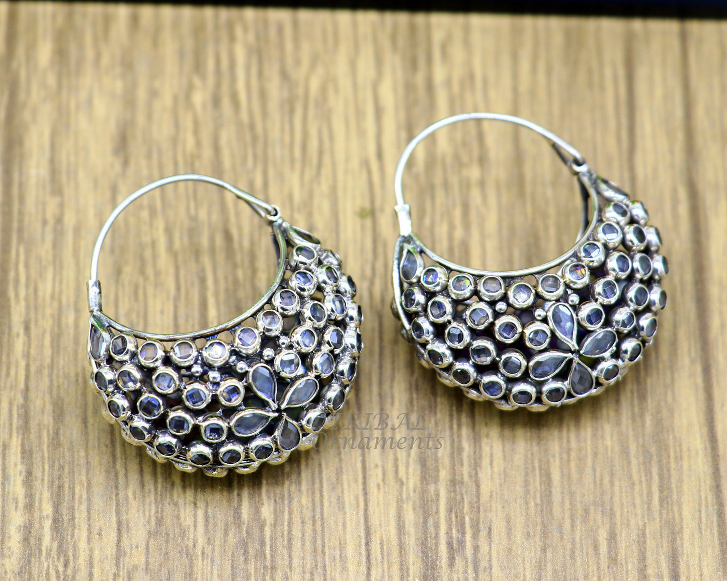 925 sterling silver amazing handmade vintage stylish crystal polki stone hoops earring, gorgeous brides belly dance jewelry s1096 - TRIBAL ORNAMENTS