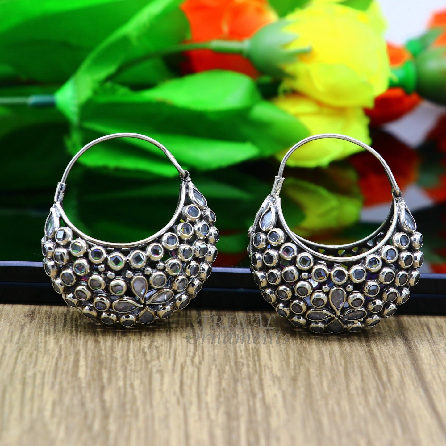 925 sterling silver amazing handmade vintage stylish crystal polki stone hoops earring, gorgeous brides belly dance jewelry s1096 - TRIBAL ORNAMENTS