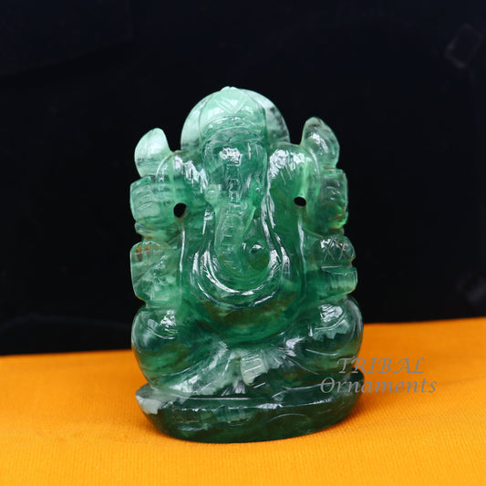 Lord Ganesha handcrafted Natural Fluorite stone statue, figurine, home temple God Ganesha stone sculpture for wealth and prosperity stna02 - TRIBAL ORNAMENTS