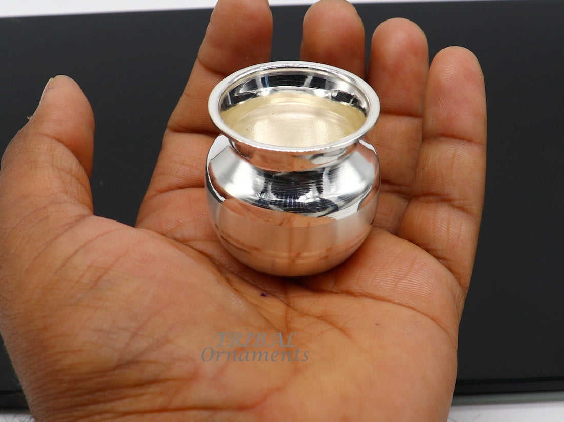 1.5"inches 925 sterling silver handmade plain small Kalash or pot, unique special silver puja article, water or milk kalash pot india su989 - TRIBAL ORNAMENTS