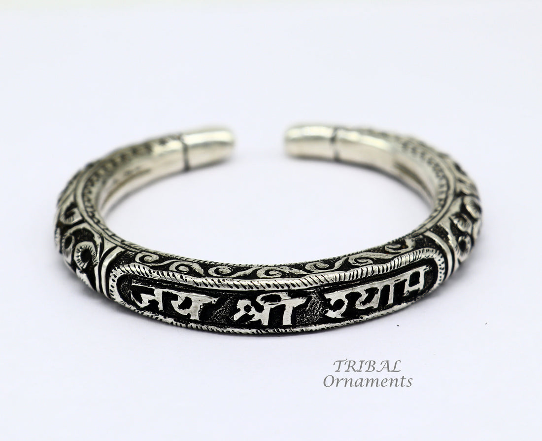 925 Sterling silver handmade chitai work "jai shree shyam" lord krishna mantra bracelet kada best divine unisex tribal ethnic jewelry nsk585 - TRIBAL ORNAMENTS