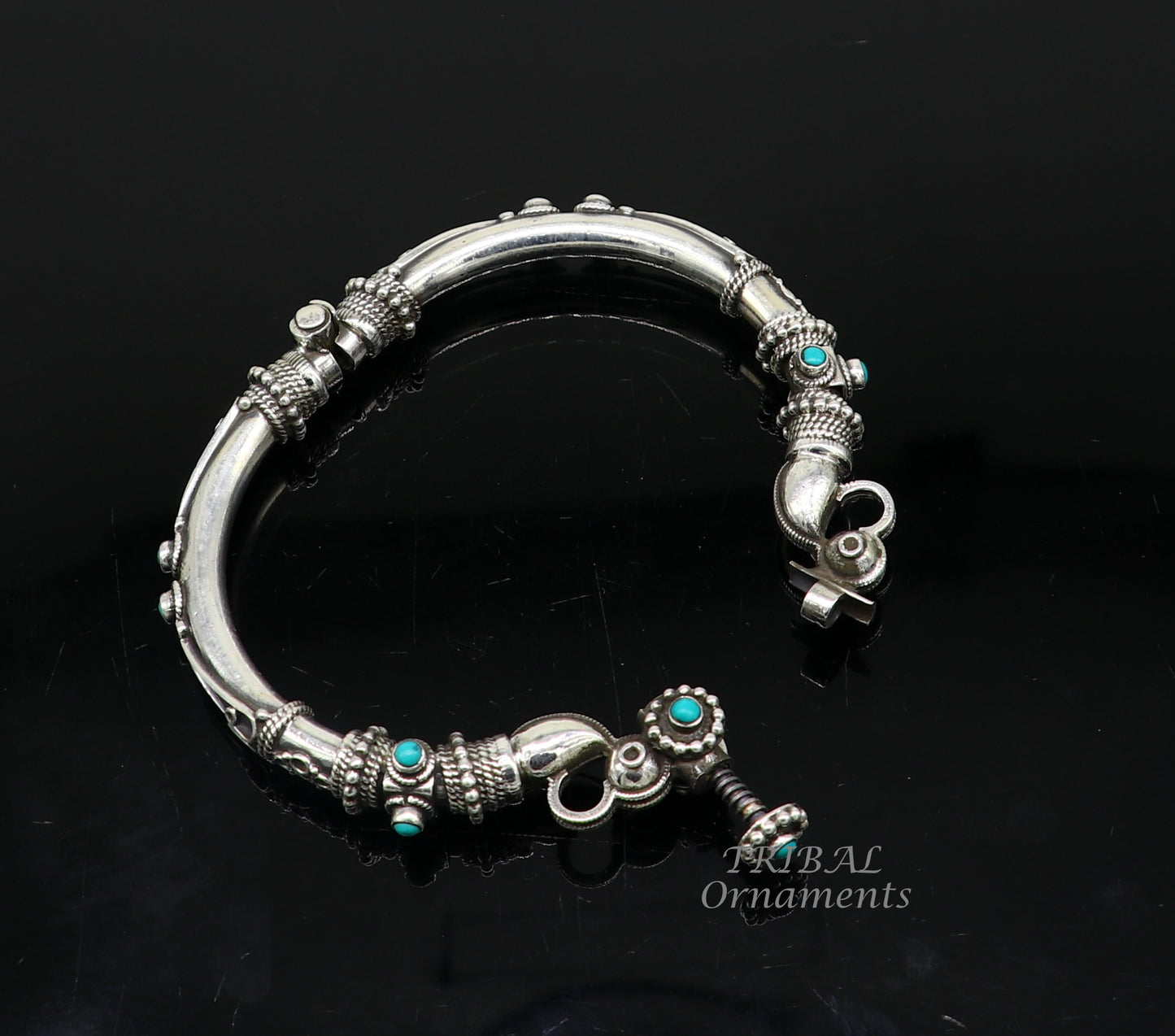 925 Sterling silver handmade vintage peacock design turquoise stone studded tribal ethnic belly dance bangle bracelet gifting kada nsk591 - TRIBAL ORNAMENTS