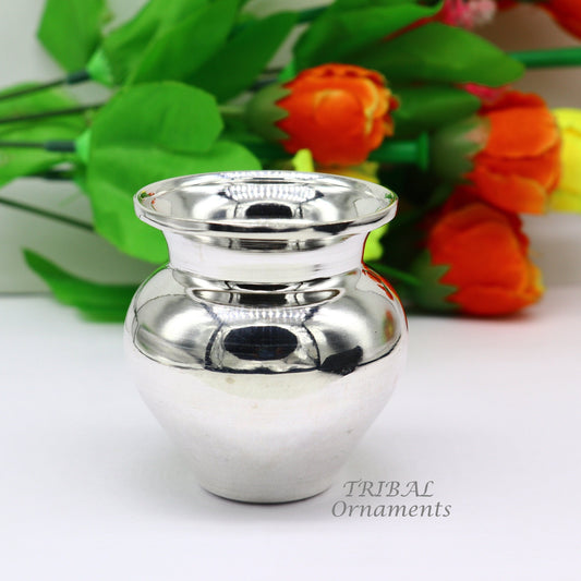 plain 925 sterling silver handmade plain small Kalash or pot, unique special silver puja article, water or milk kalash pot india su970 - TRIBAL ORNAMENTS