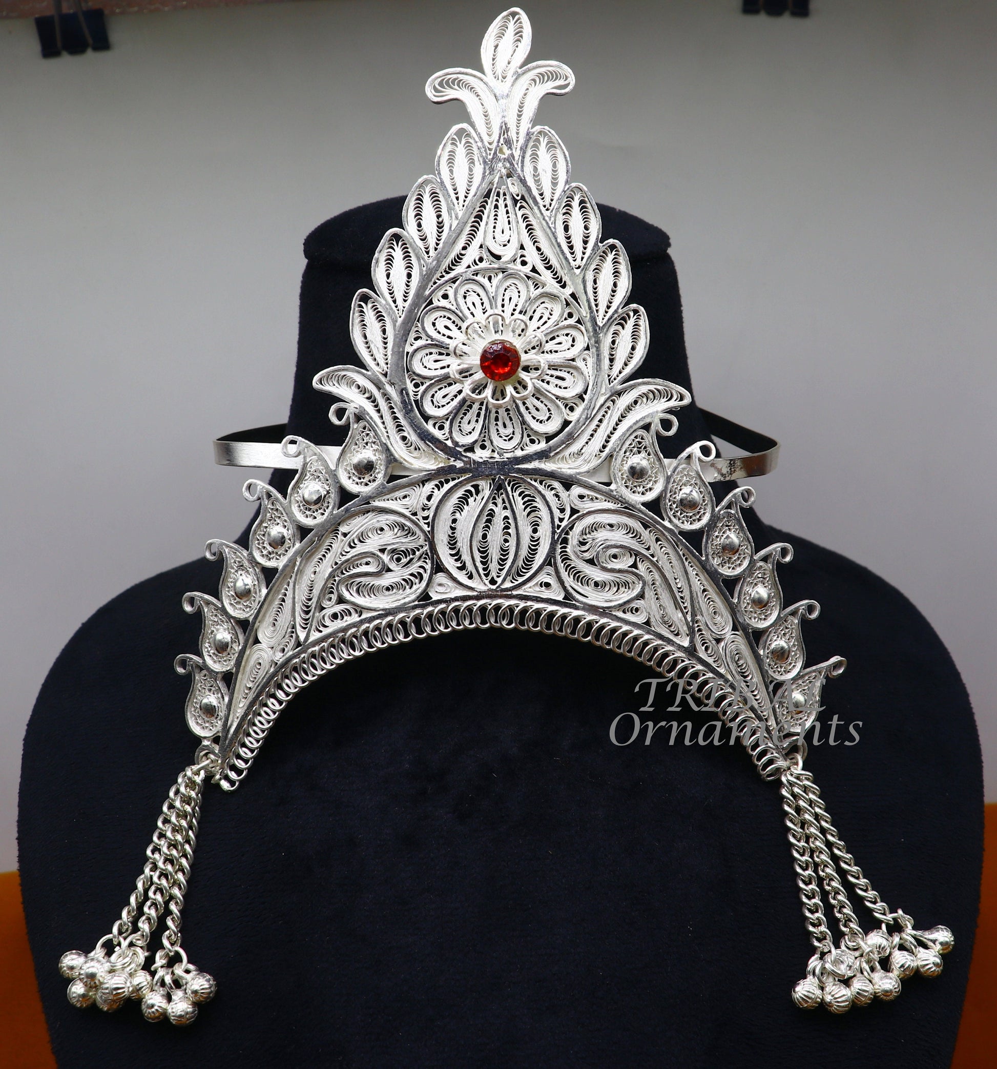 925 sterling silver vintage design handmade mukut (crown), amazing stylish work design silver god crown home temple god article art su973 - TRIBAL ORNAMENTS