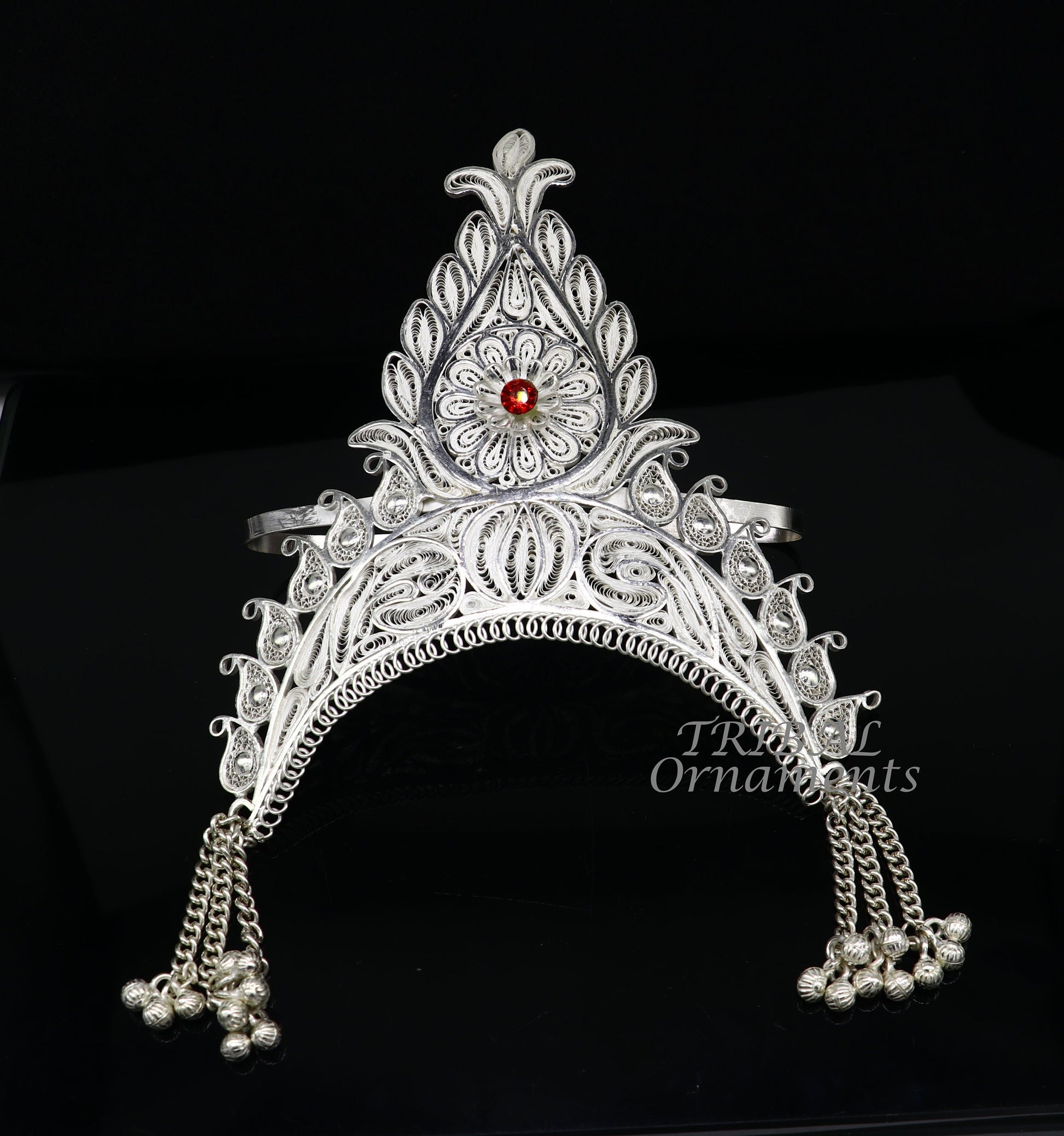 925 sterling silver vintage design handmade mukut (crown), amazing stylish work design silver god crown home temple god article art su973 - TRIBAL ORNAMENTS