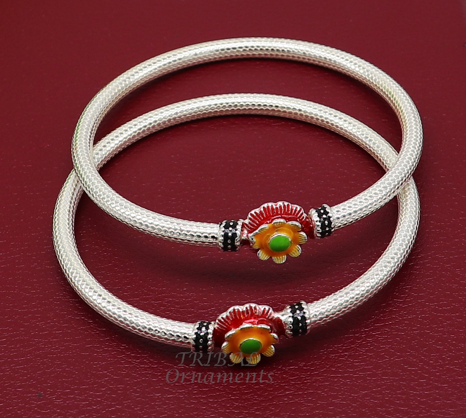 Exclusive flower design handmade Sterling silver bangle bracelet, amazing ethic stylish bangle bracelet kada pair from india nba348 - TRIBAL ORNAMENTS