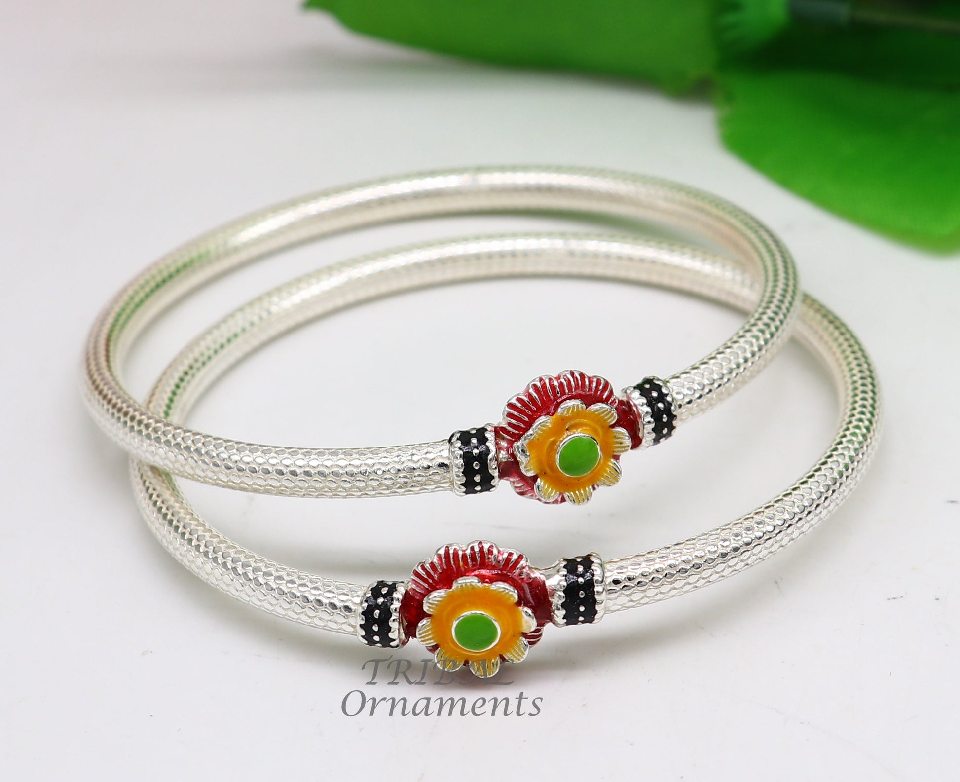 Exclusive flower design handmade Sterling silver bangle bracelet, amazing ethic stylish bangle bracelet kada pair from india nba348 - TRIBAL ORNAMENTS