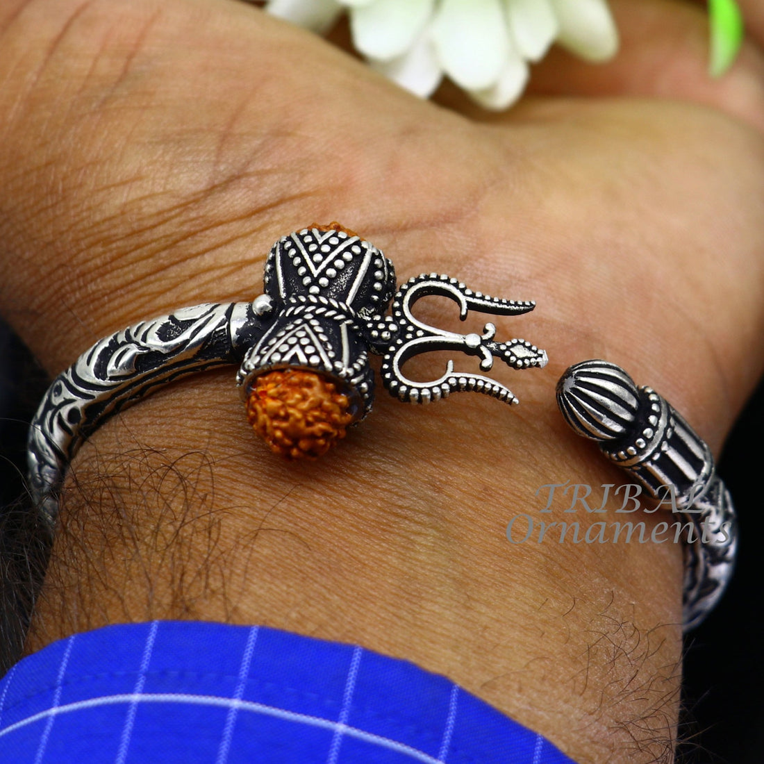 925 Sterling silver handmade chitai work Lord Shiva trident trishul kada bangle bracelet with natural Rudraksha customized kada nsk592 - TRIBAL ORNAMENTS