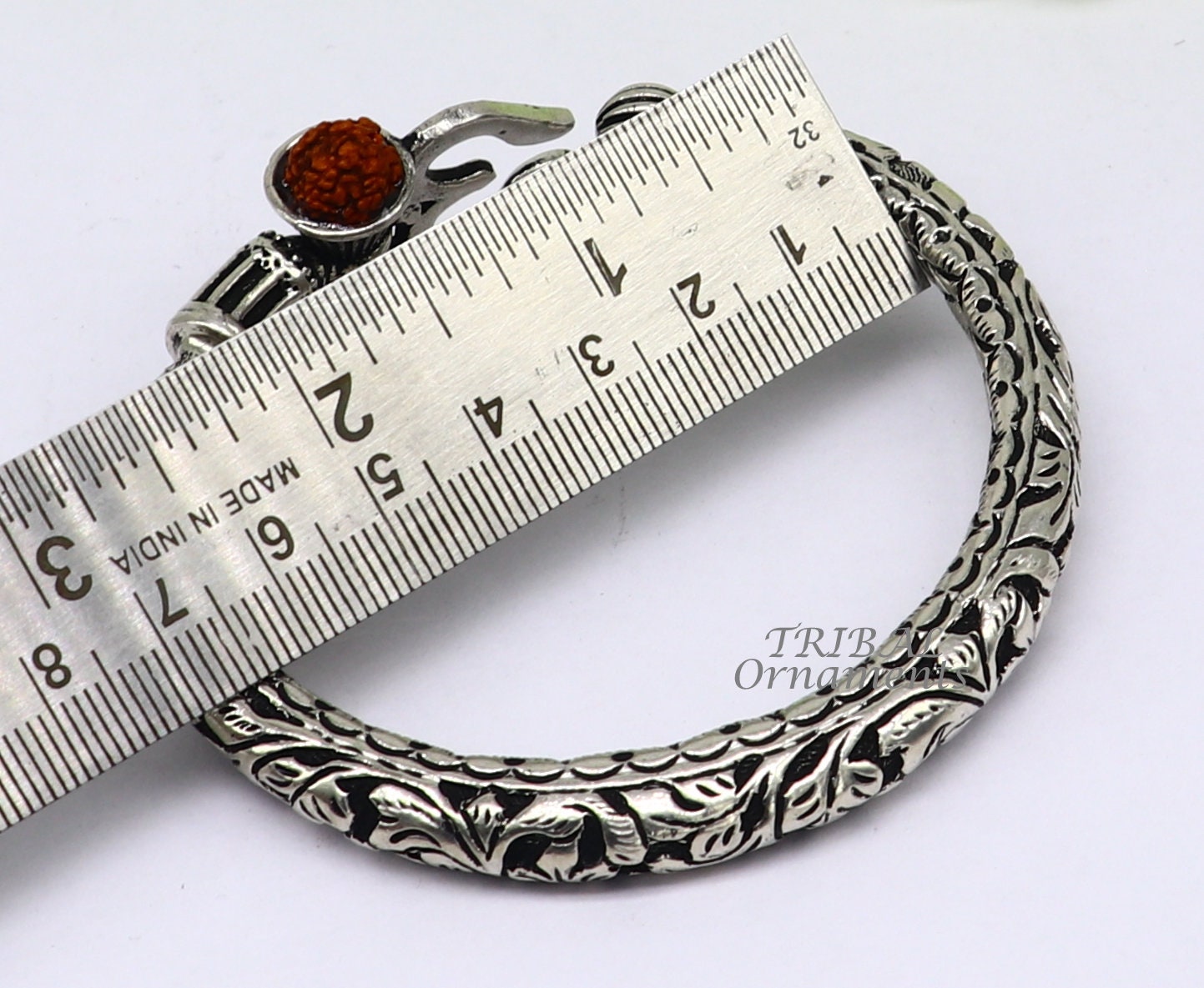 925 Sterling silver handmade chitai work Lord Shiva trident trishul kada bangle bracelet with natural Rudraksha customized kada nsk593 - TRIBAL ORNAMENTS