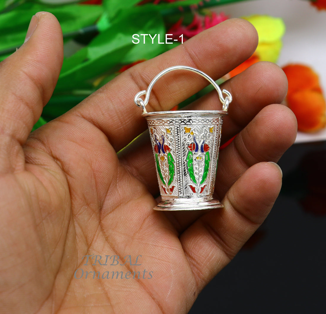 925 sterling silver handmade fabulous vintage style bucket toy for puja or worshipping, Diwali puja article utensils su975 - TRIBAL ORNAMENTS