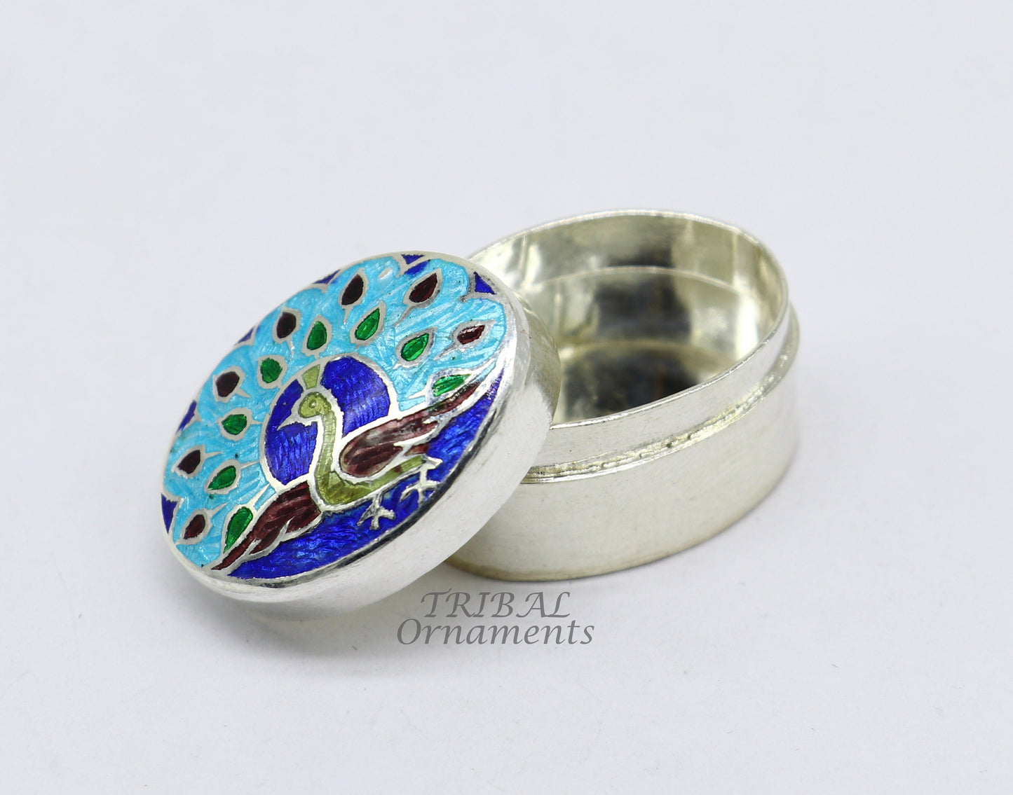 Vintage style handmade 925 sterling silver peacock design enamel work trinket box, brides kukum box kajal box silver article jewelry stb727 - TRIBAL ORNAMENTS