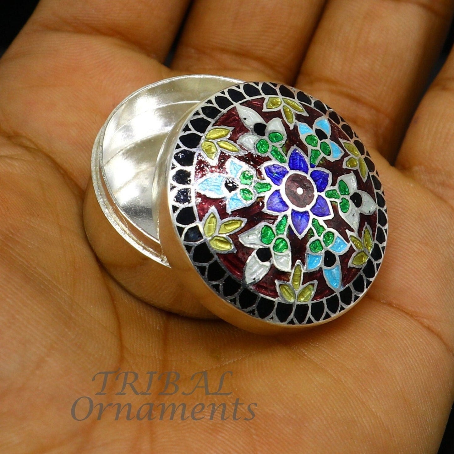 925 sterling silver trinket box, kajal box/casket box, round shape box brides accessories container box, eyeliner box gifting art stb735 - TRIBAL ORNAMENTS