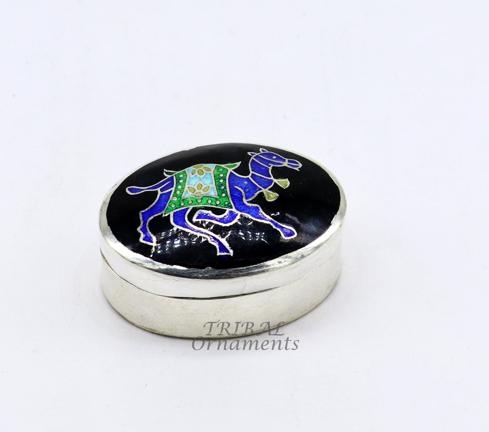 925 sterling silver trinket box, enamel camel work sindoor box Brides eyeliner kajal box vintage design enamel bridal jewelry STB739 - TRIBAL ORNAMENTS