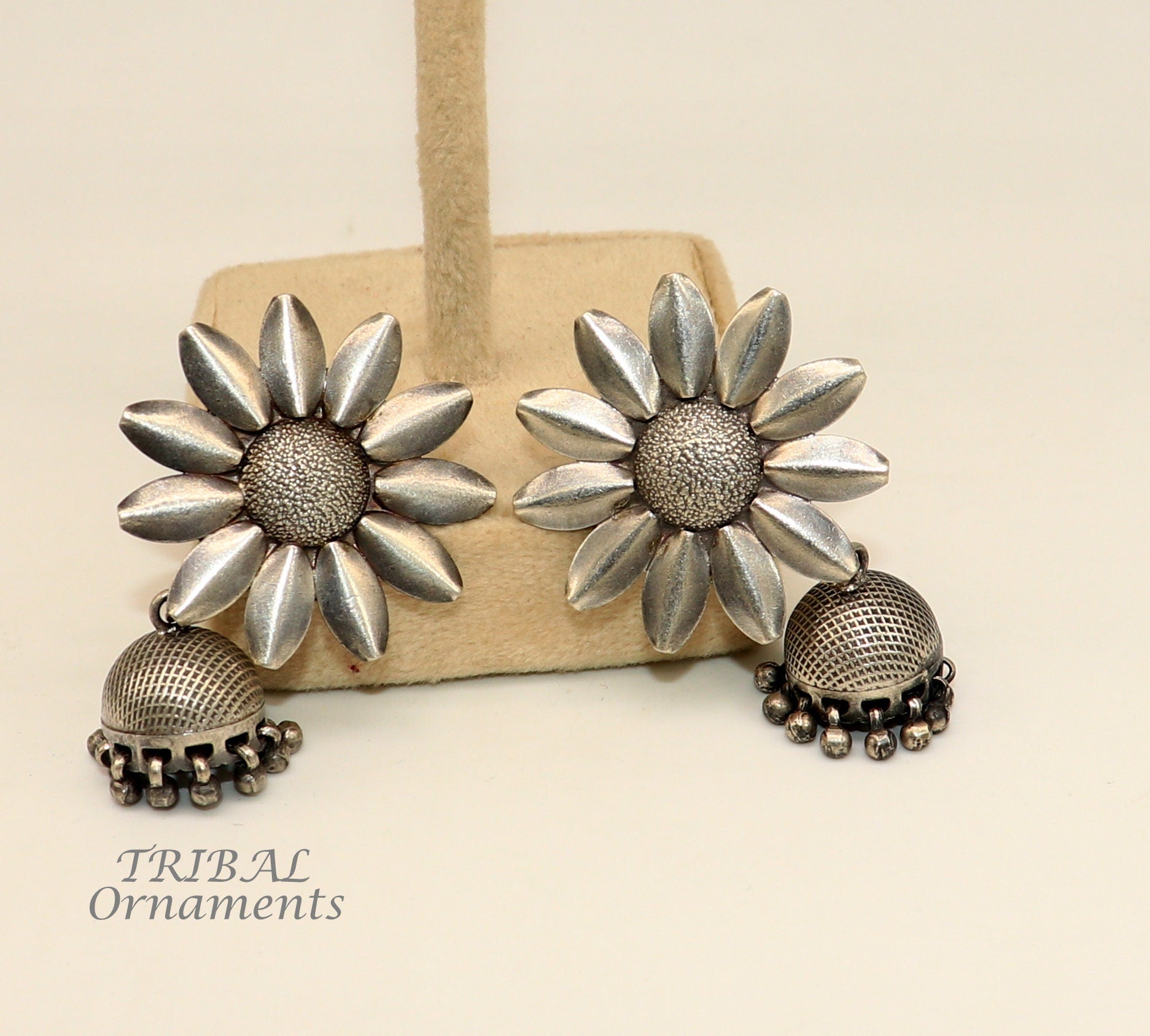 925 sterling silver large round flower design handmade stud earring with hanging jhumka, best ethnic tribal jewelry s1108 - TRIBAL ORNAMENTS