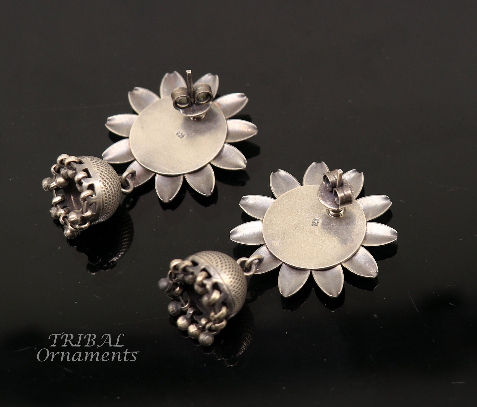 925 sterling silver large round flower design handmade stud earring with hanging jhumka, best ethnic tribal jewelry s1108 - TRIBAL ORNAMENTS