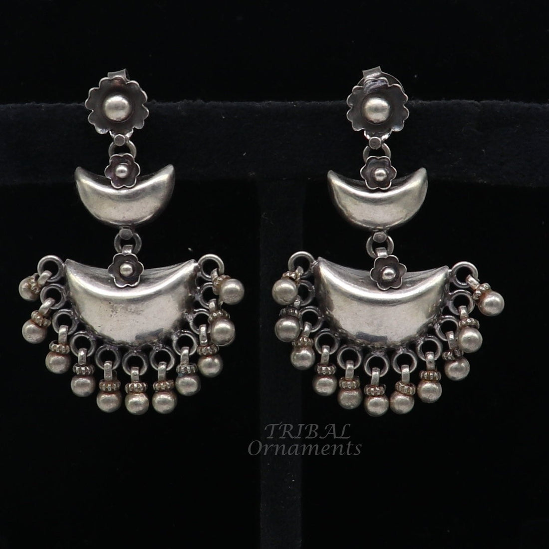 Cultural silver earrings, fashionable and versatile floral silver 3 steps drop dangles ethnic pattern made by 925 sterling silver s1114 - TRIBAL ORNAMENTS