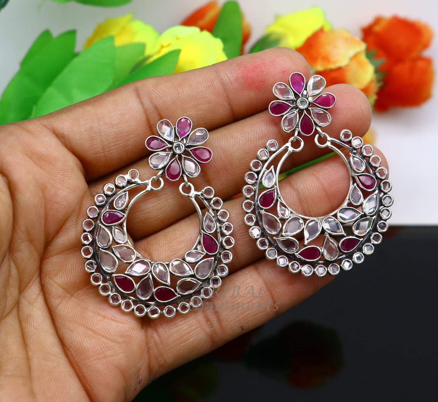 925 sterling silver handmade flower design stud earring amazing crystal polki cut stone ethnic tribal belly dance jewelry best gifts s1092 - TRIBAL ORNAMENTS