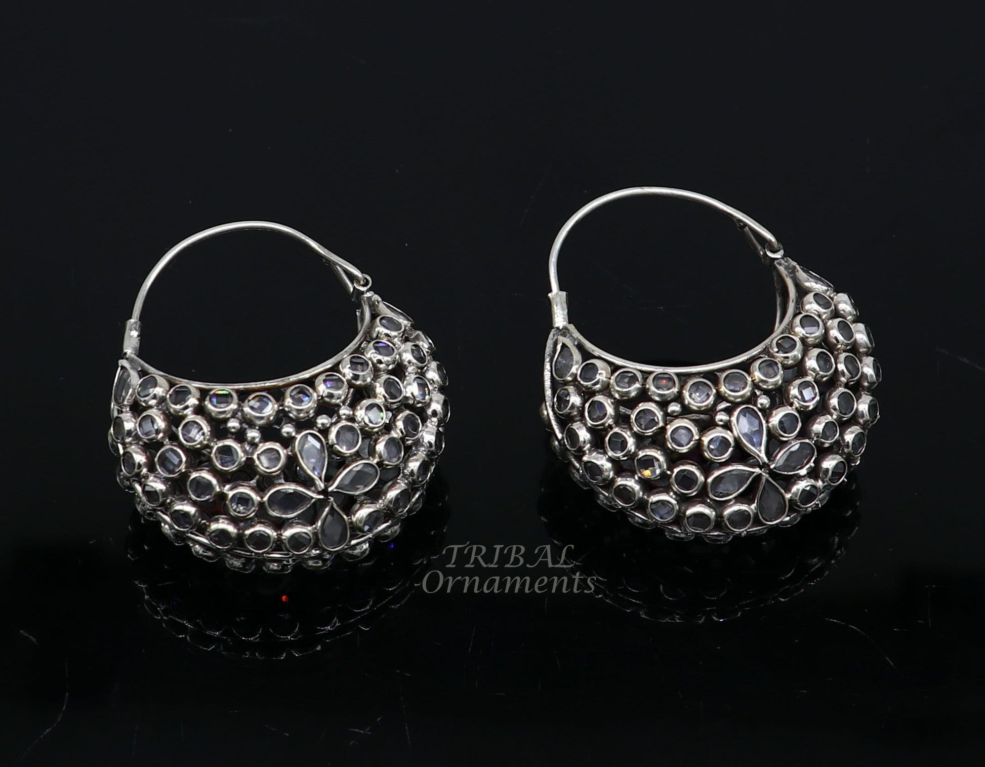 925 sterling silver amazing handmade vintage stylish crystal polki stone  hoops earring, gorgeous brides belly dance jewelry s1096