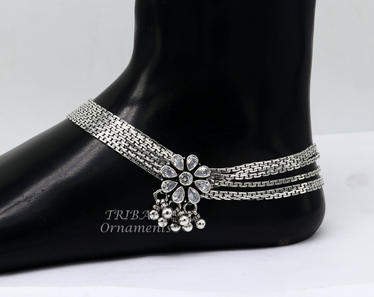 925 sterling silver handmade stylish flower design cut stone multiline chain anklets amazing Ankle bracelet gifting ethnic ewelry ank516 - TRIBAL ORNAMENTS