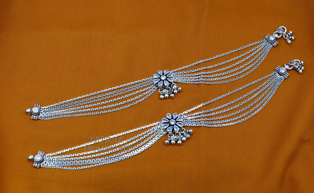 925 sterling silver handmade stylish flower design cut stone multiline chain anklets amazing Ankle bracelet gifting ethnic ewelry ank516 - TRIBAL ORNAMENTS
