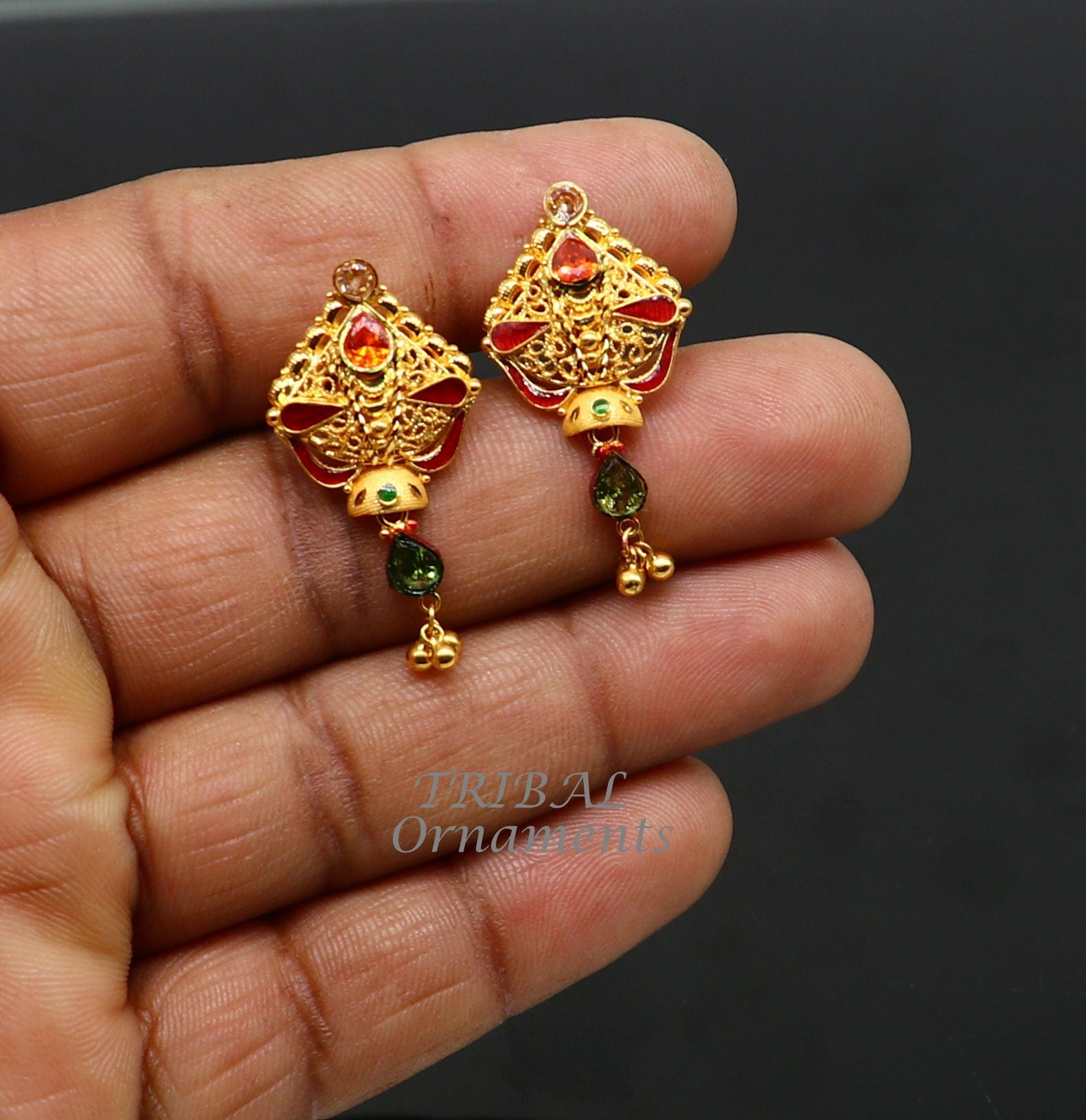 Gold Plated Traditional Jadau Pearl Earrings in Silver ER 434