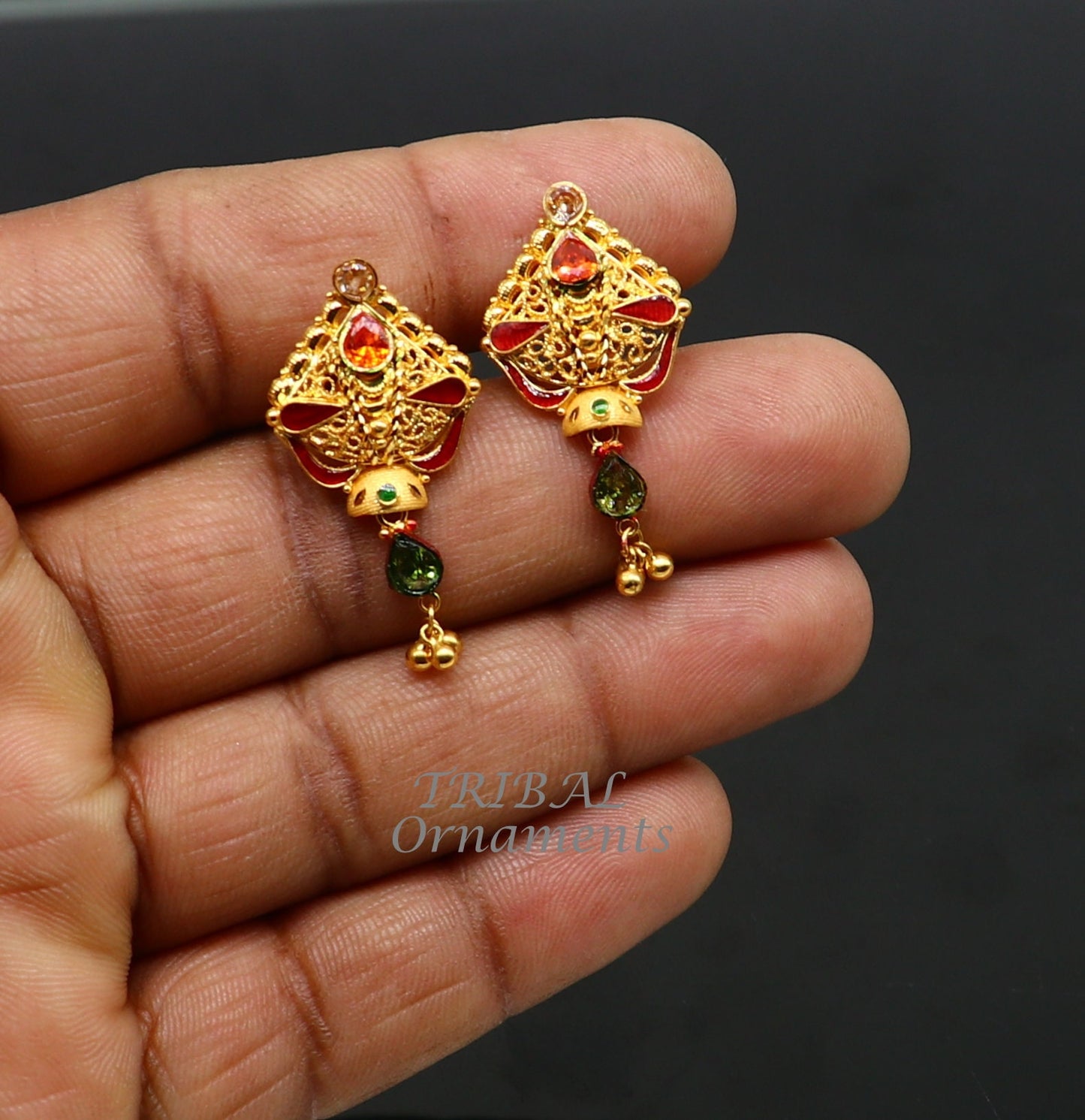 22kt or 22ct yellow gold handmade traditional cultural fashionable stud earring amazing filigree work ethnic jewelry er167 - TRIBAL ORNAMENTS