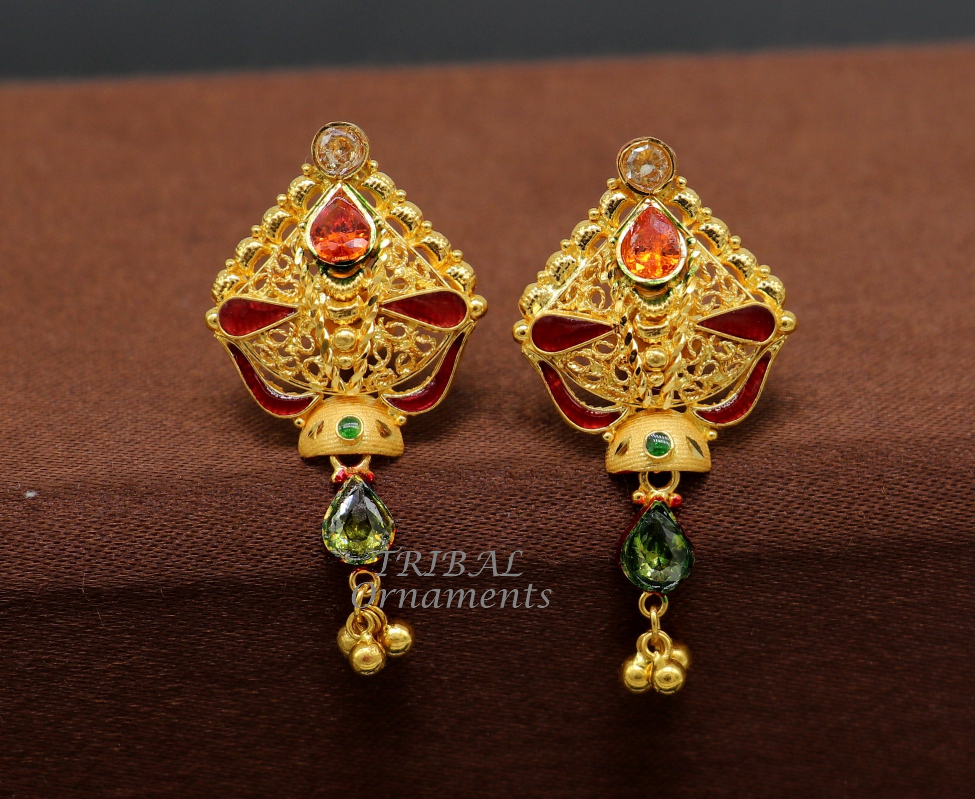 22kt or 22ct yellow gold handmade traditional cultural fashionable stud earring amazing filigree work ethnic jewelry er167 - TRIBAL ORNAMENTS