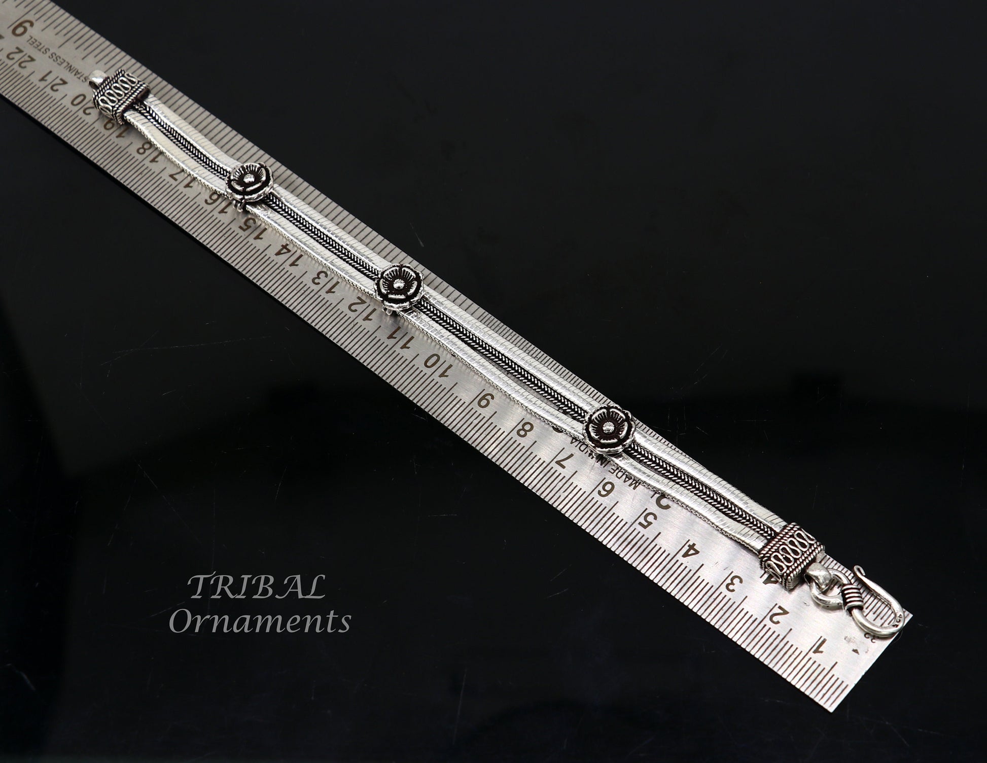 8" inches rose flower design 3 line chain vintage style bracelet, 925 sterling silver bracelet, best gifting bracelet from India sbr427 - TRIBAL ORNAMENTS