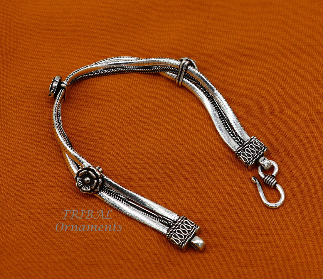 8" inches rose flower design 3 line chain vintage style bracelet, 925 sterling silver bracelet, best gifting bracelet from India sbr427 - TRIBAL ORNAMENTS