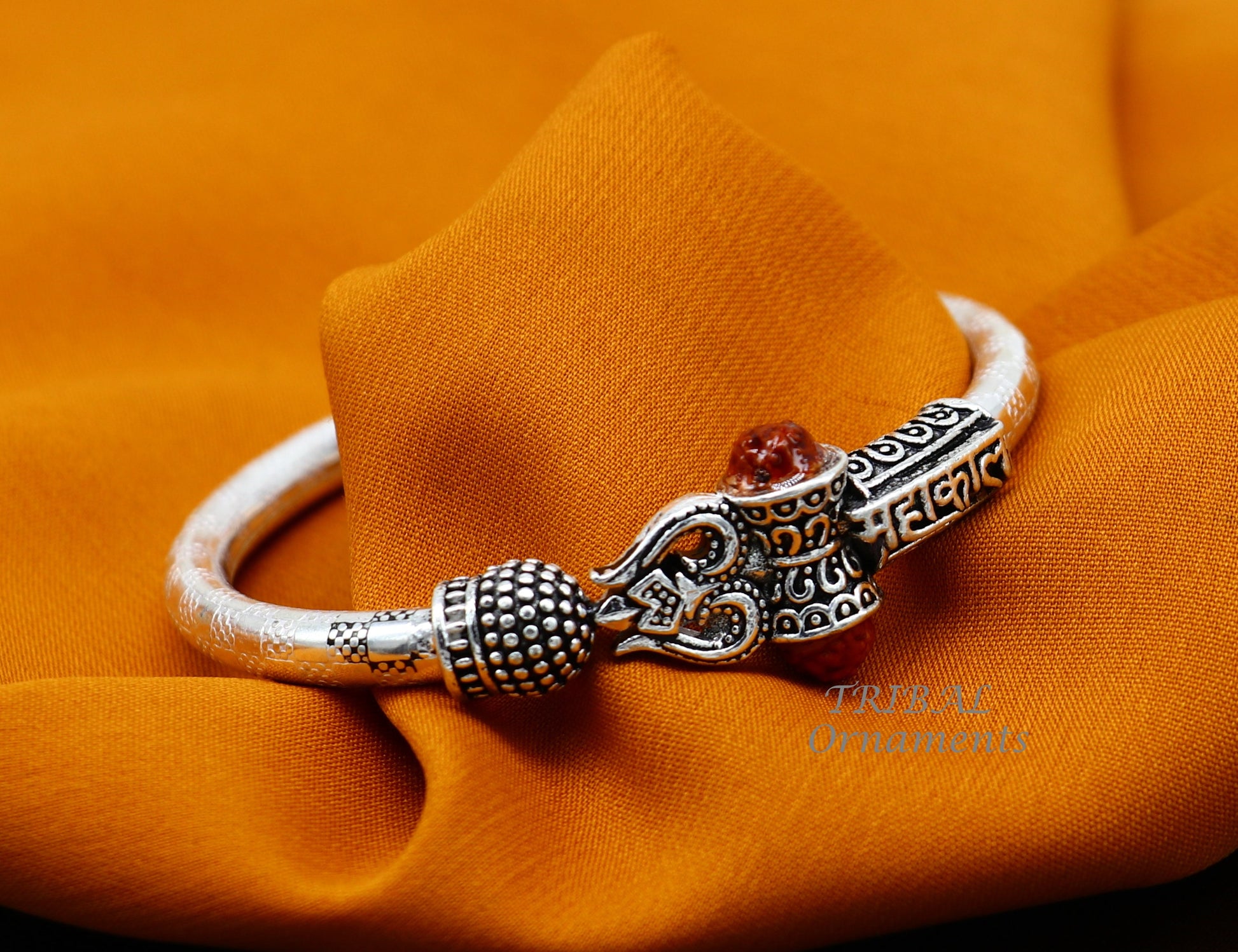 Mahakal kada 925 Sterling silver handmade Lord Shiva trident trishul bangle bracelet natural Rudraksha beads customized kada nsk612 - TRIBAL ORNAMENTS